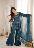 Teal Crunchy Silk Kurta Suit Set with Embroidery for Festive Occasions