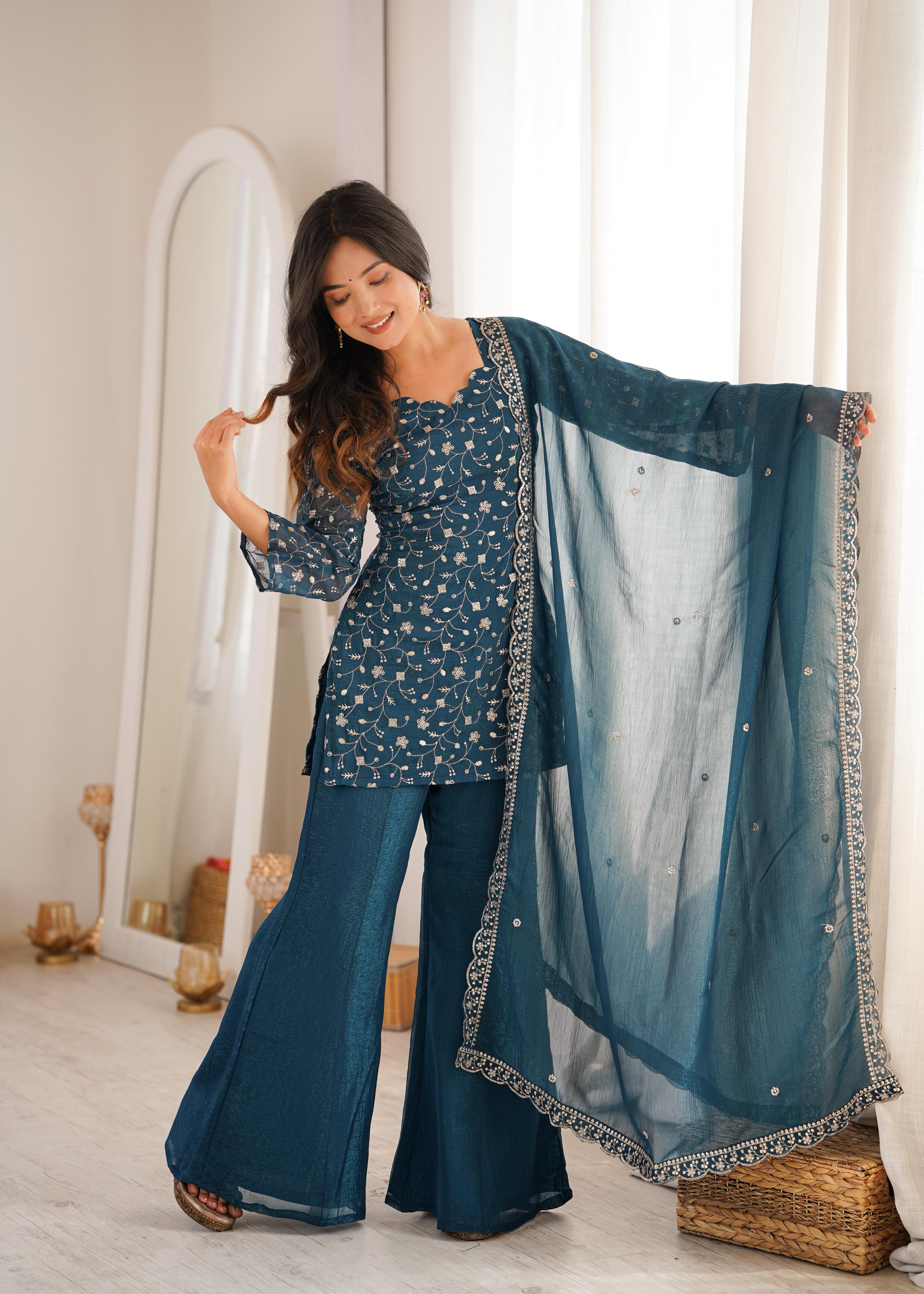 Teal Crunchy Silk Kurta Suit Set with Embroidery for Festive Occasions