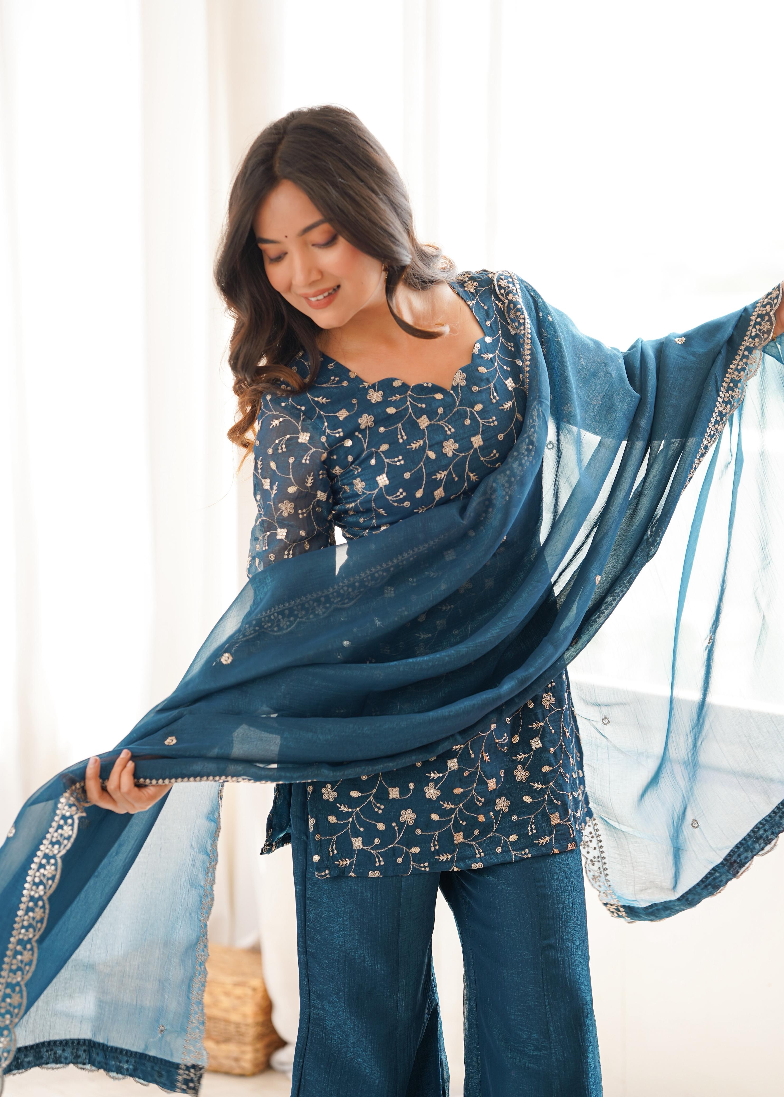 Teal Crunchy Silk Kurta Suit Set with Embroidery for Festive Occasions
