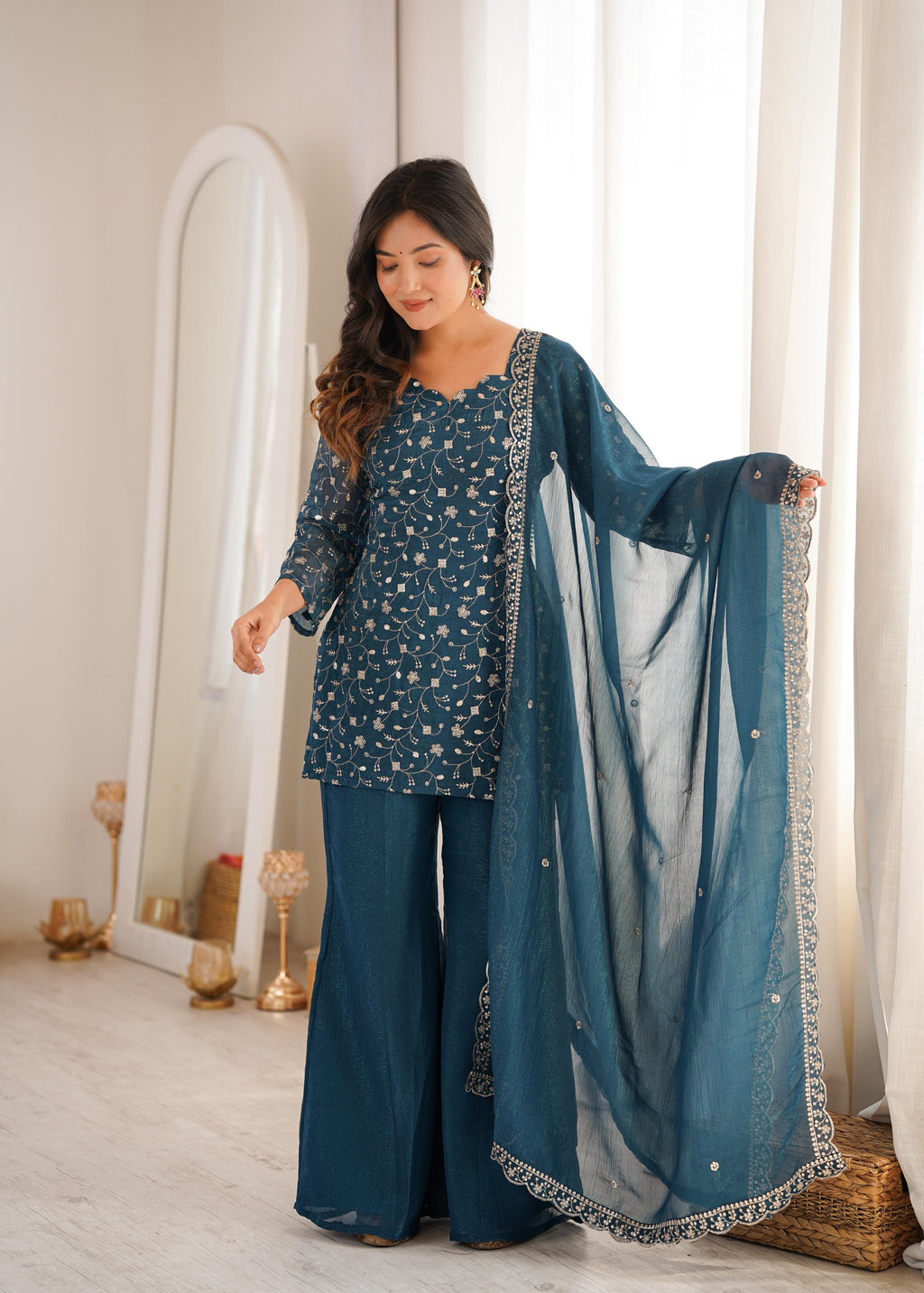 Teal Crunchy Silk Kurta Suit Set with Embroidery for Festive Occasions