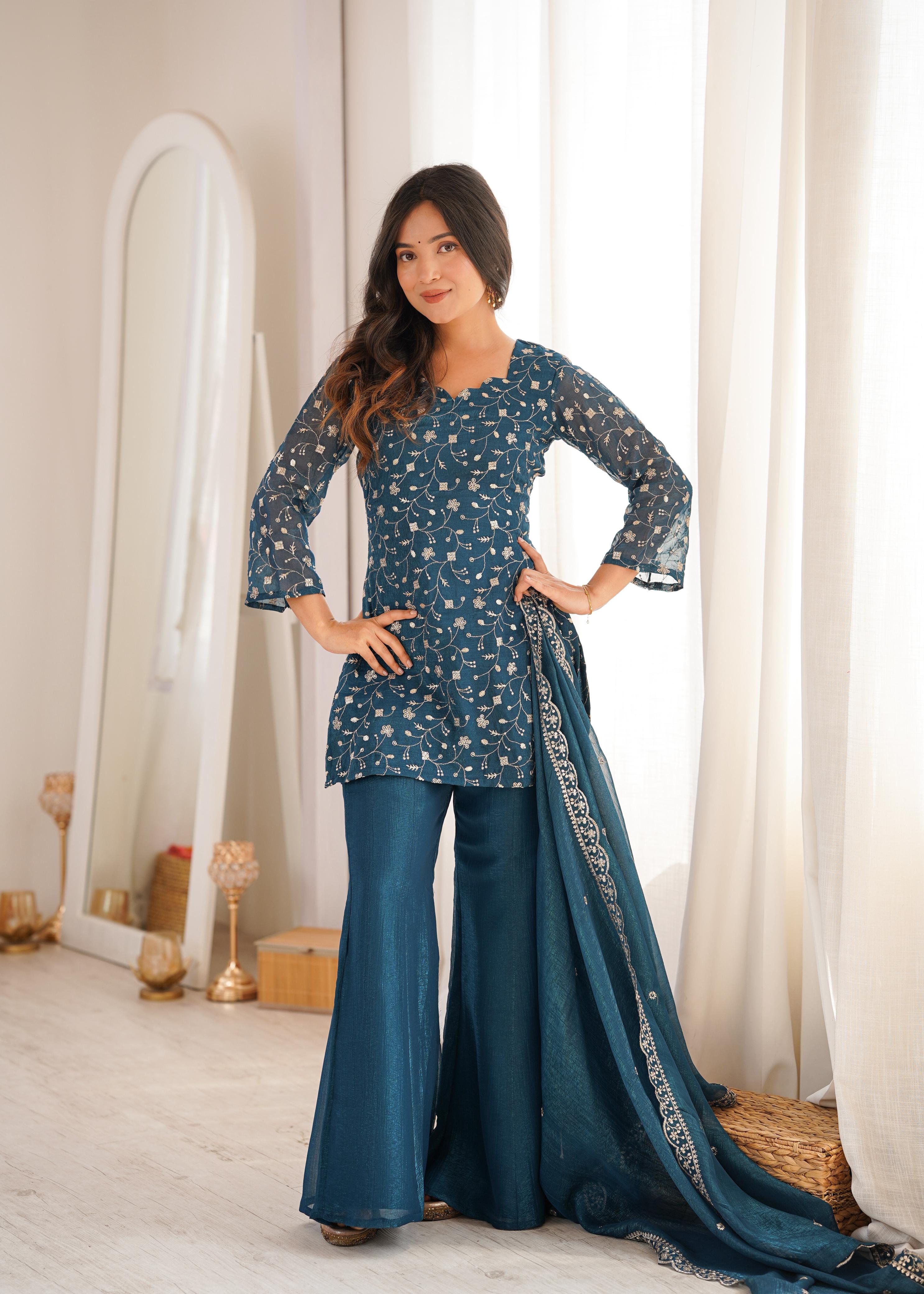 Teal Crunchy Silk Kurta Suit Set with Embroidery for Festive Occasions