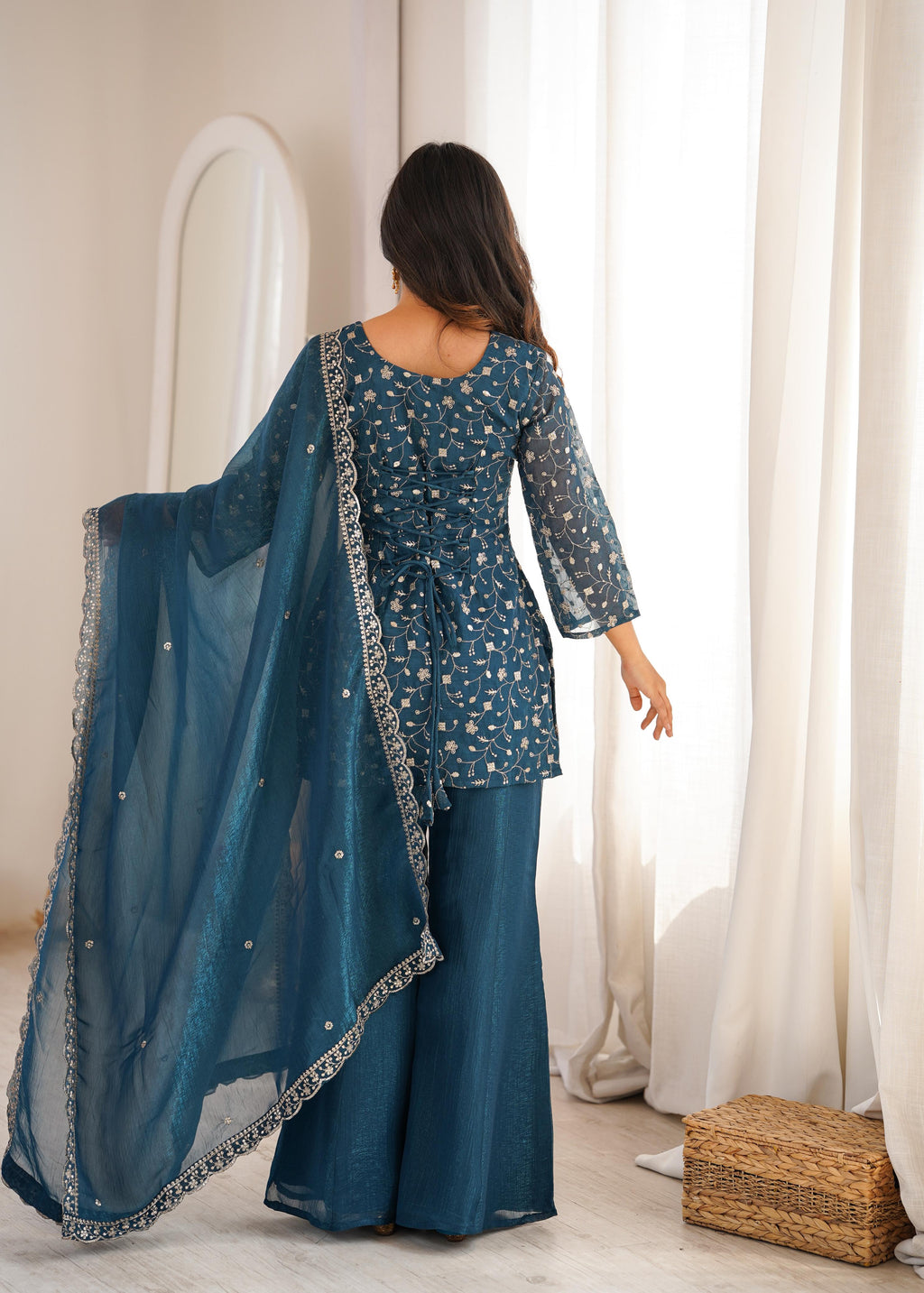 Teal Crunchy Silk Kurta Suit Set with Embroidery for Festive Occasions