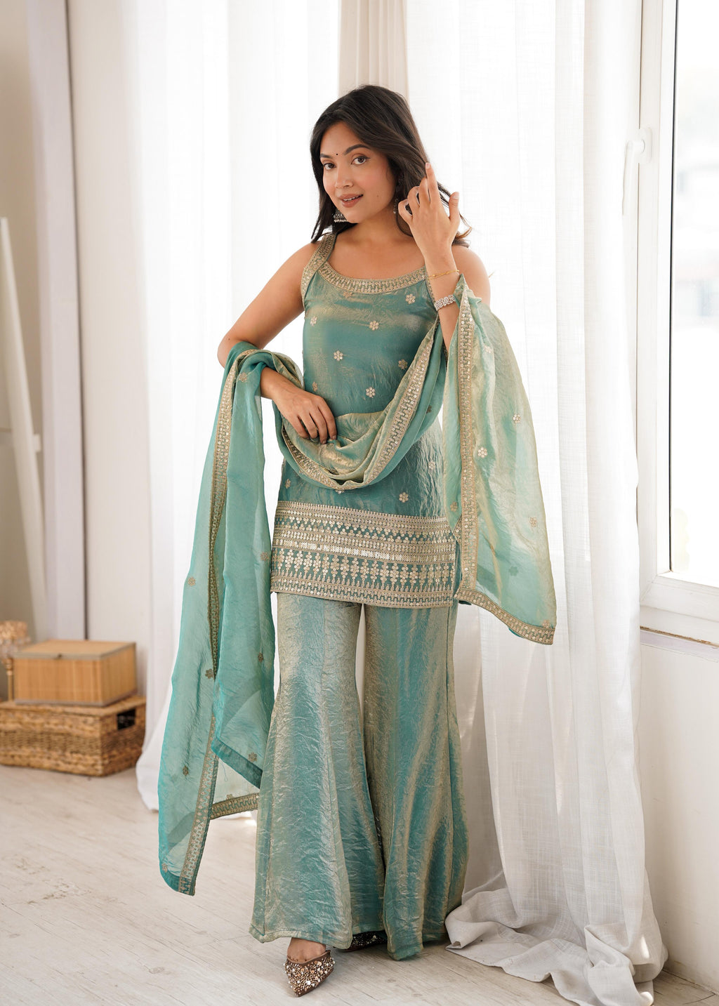 Sea Green Silk Kurta Suit Set with Embroidery Work, ideal for festive occasions