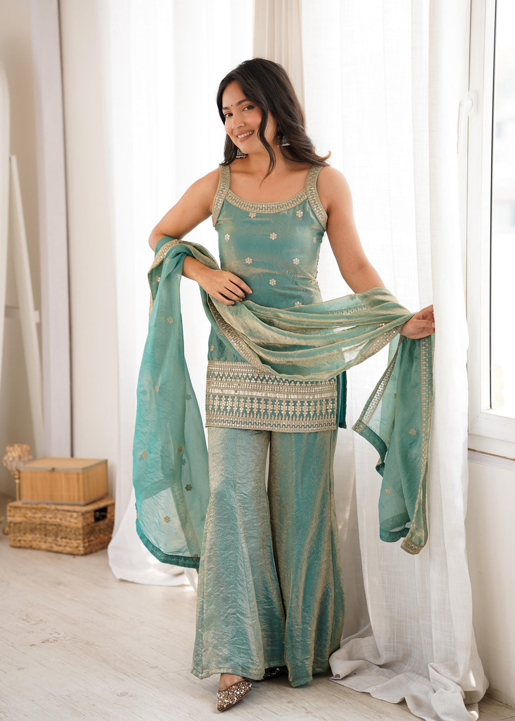 Sea Green Silk Kurta Suit Set with Embroidery Work, ideal for festive occasions