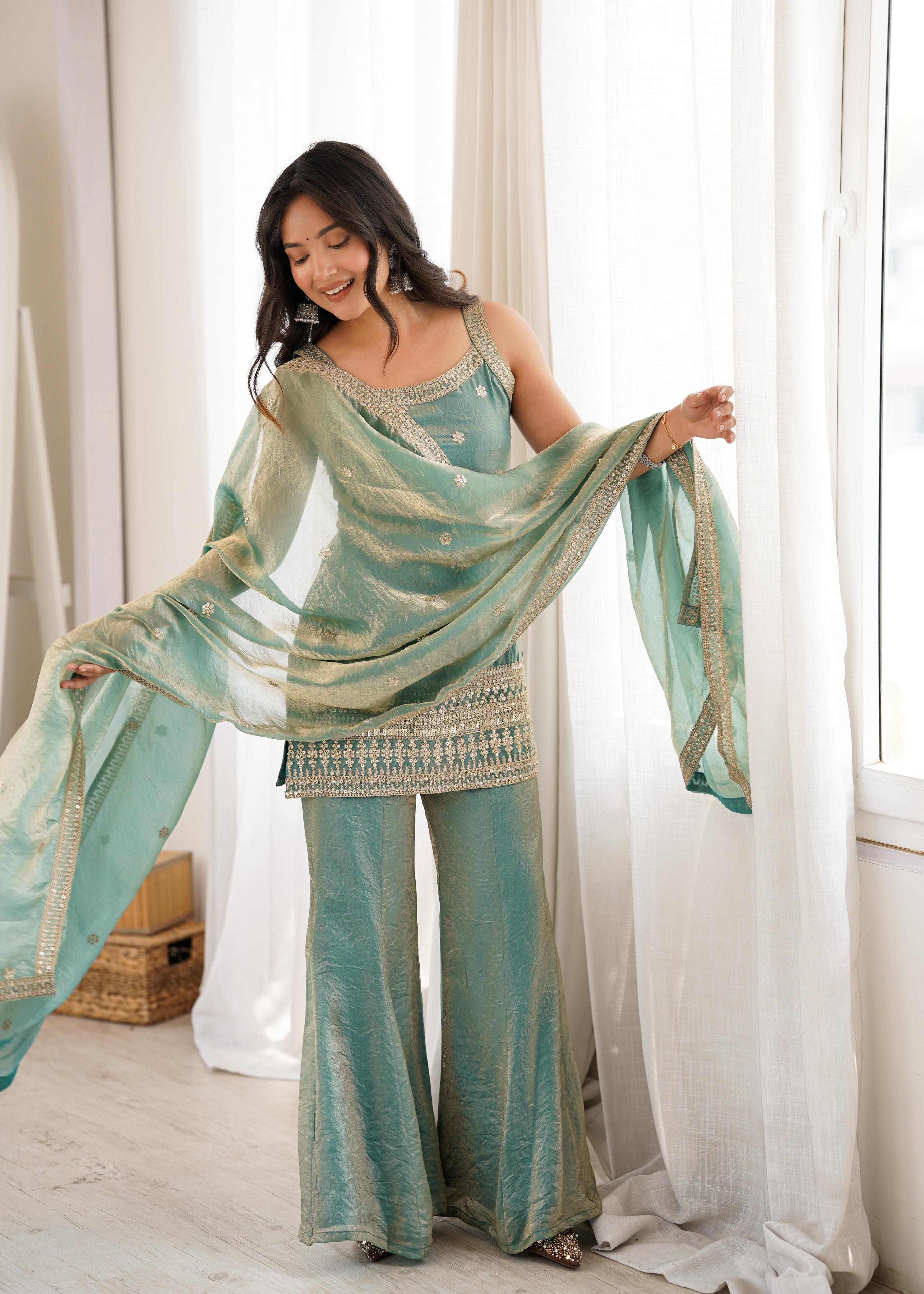 Sea Green Silk Kurta Suit Set with Embroidery Work, ideal for festive occasions