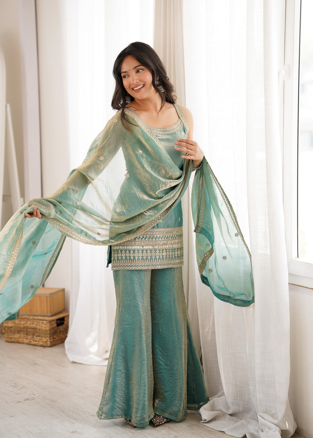 Sea Green Silk Kurta Suit Set with Embroidery Work, ideal for festive occasions