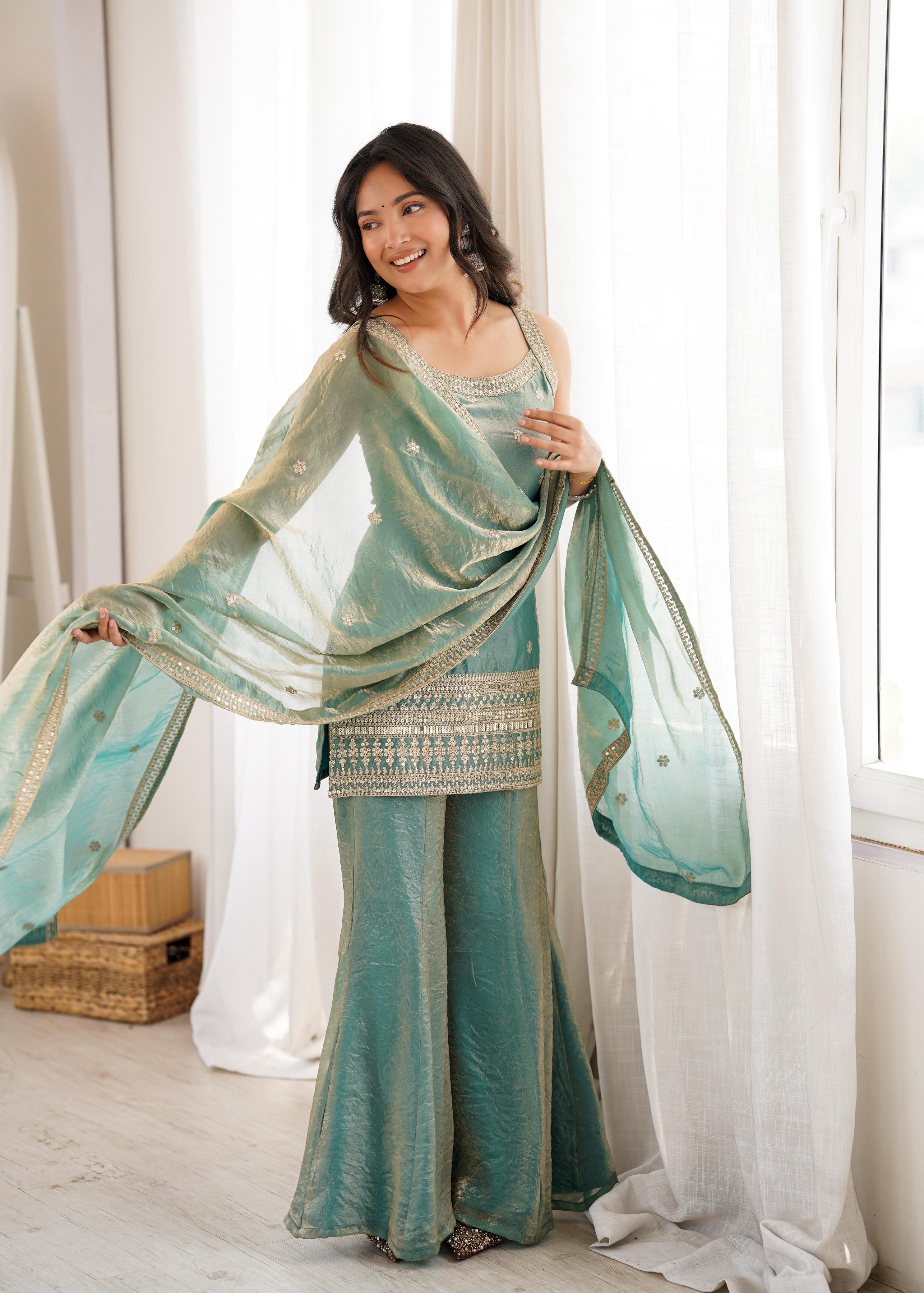Sea Green Silk Kurta Suit Set with Embroidery Work, ideal for festive occasions