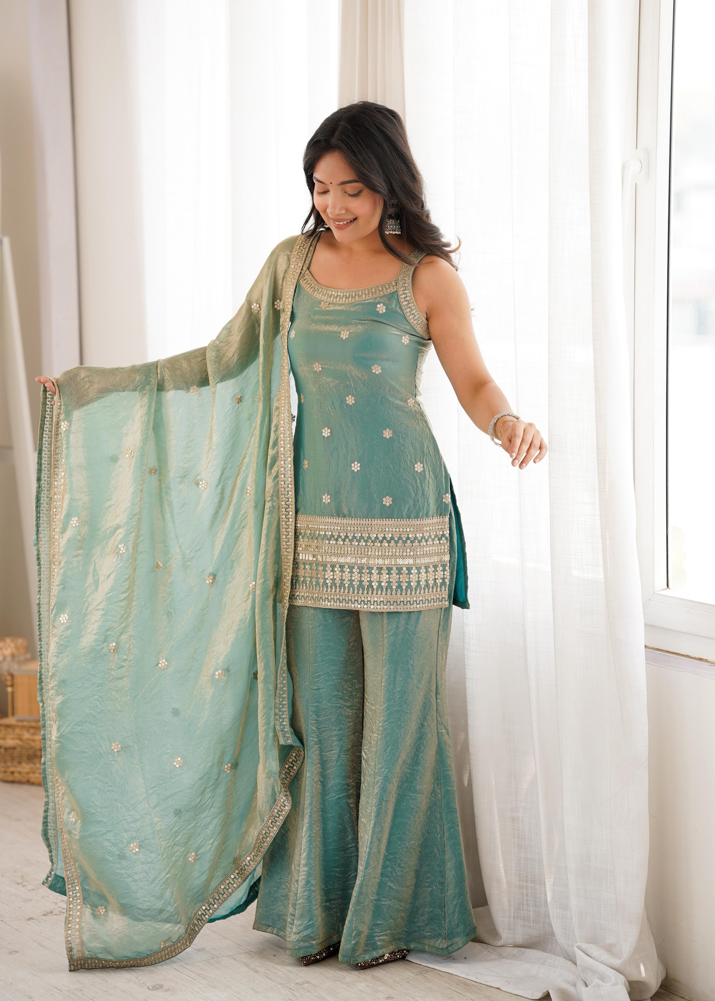 Sea Green Silk Kurta Suit Set with Embroidery Work, ideal for festive occasions