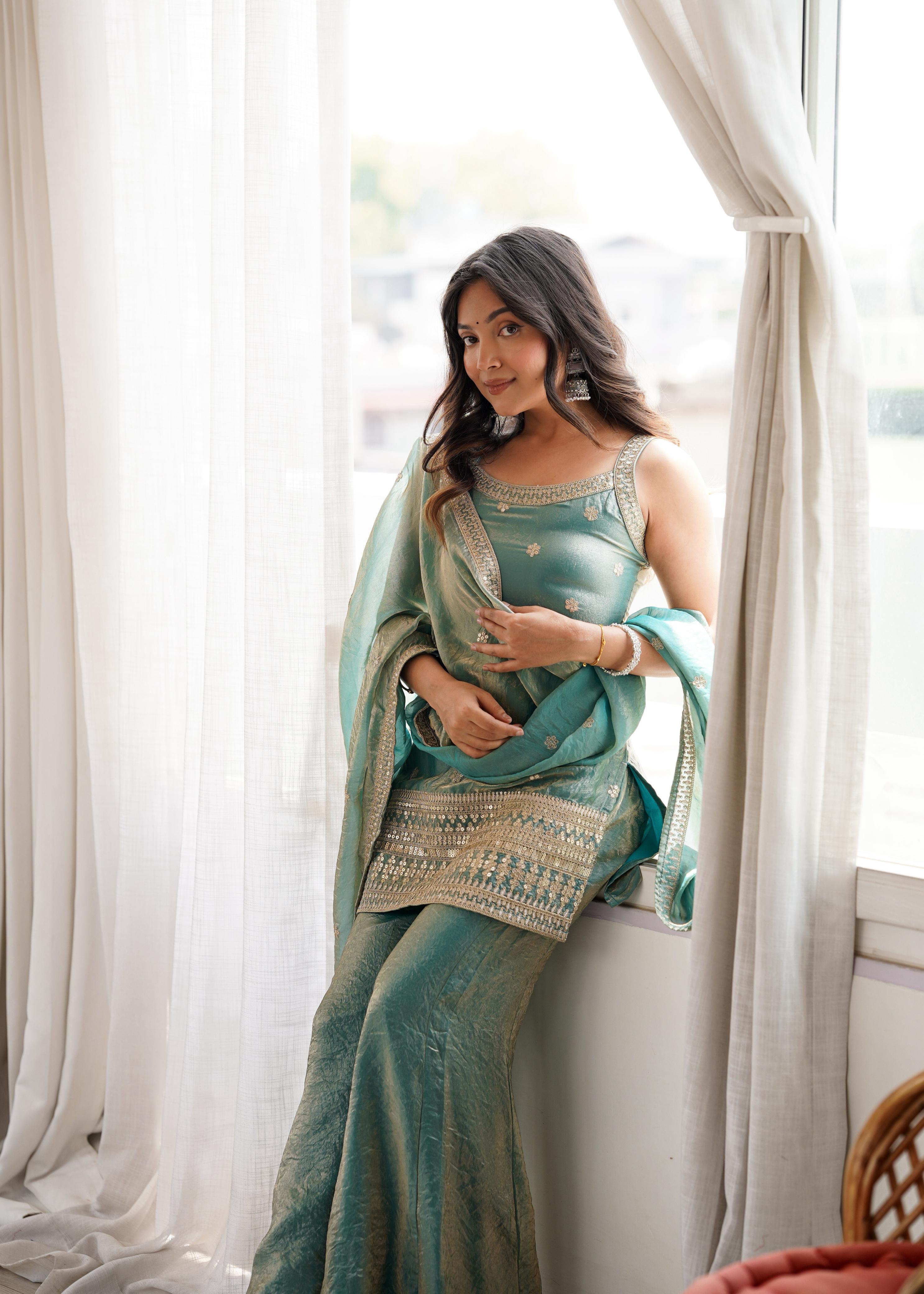 Sea Green Silk Kurta Suit Set with Embroidery Work, ideal for festive occasions
