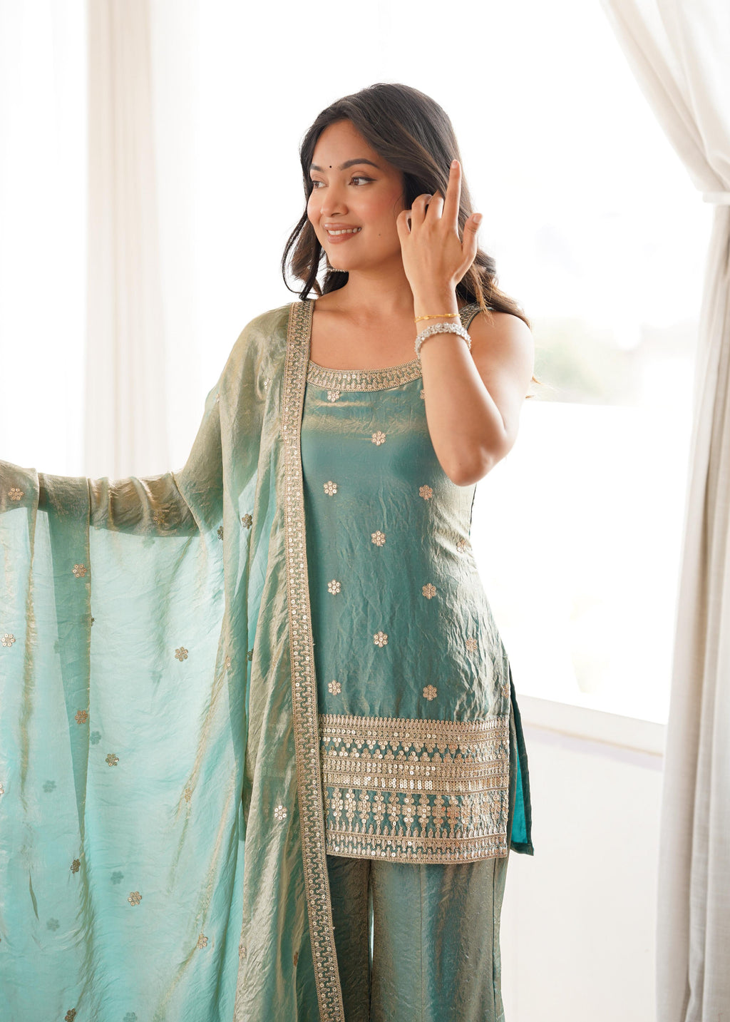 Sea Green Silk Kurta Suit Set with Embroidery Work, ideal for festive occasions