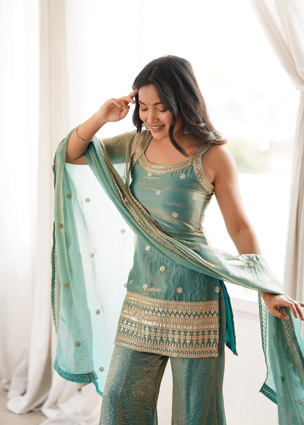 Sea Green Silk Kurta Suit Set with Embroidery Work, ideal for festive occasions