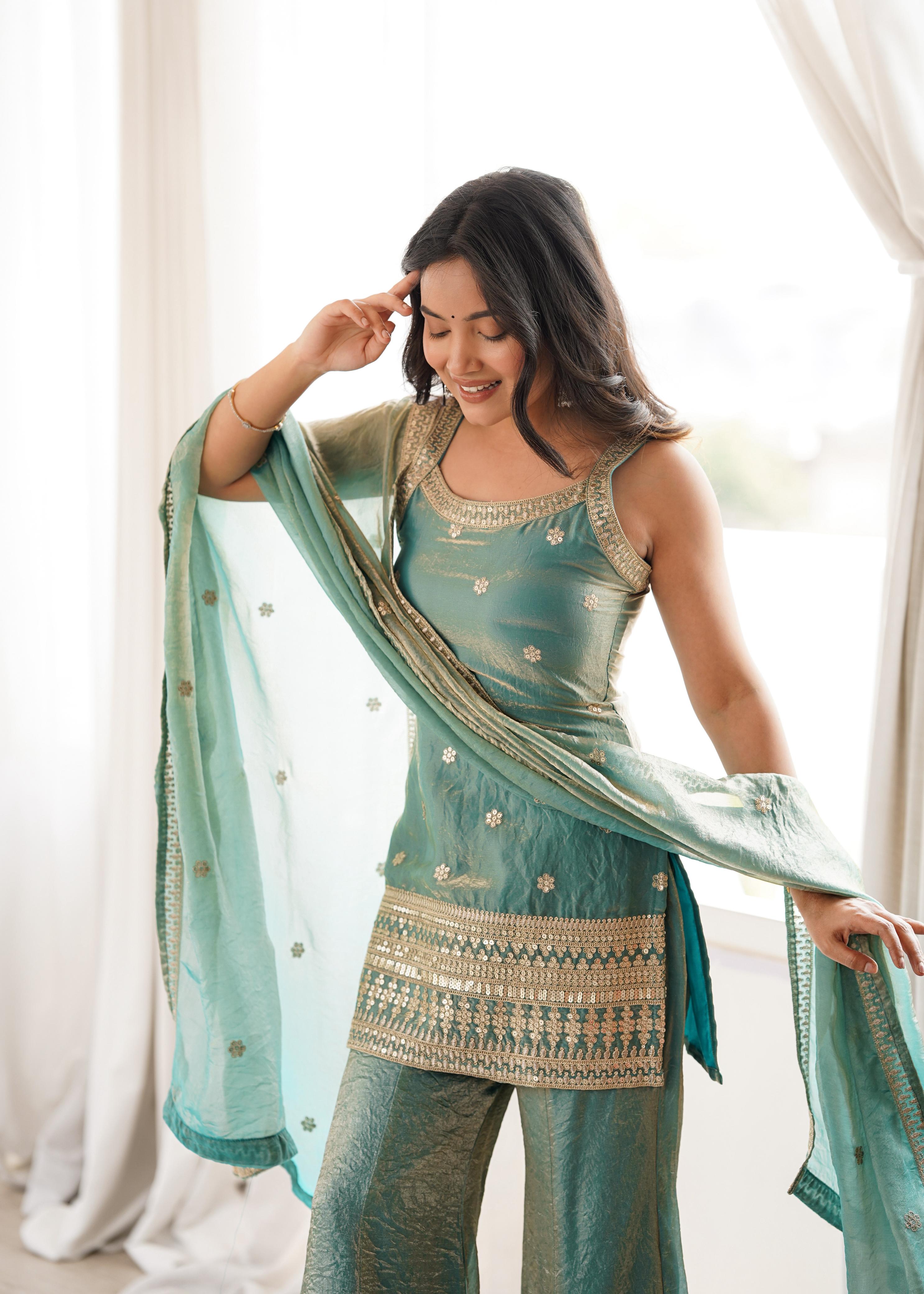 Sea Green Silk Kurta Suit Set with Embroidery Work, ideal for festive occasions
