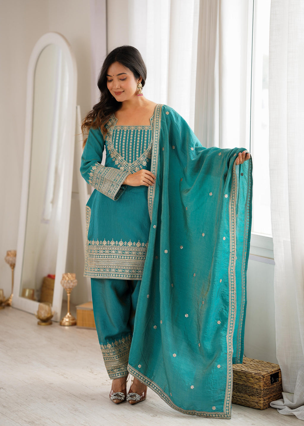 Sea Green Vichitra Silk Kurta Suit Set with Embroidery Design for Festive Occasion