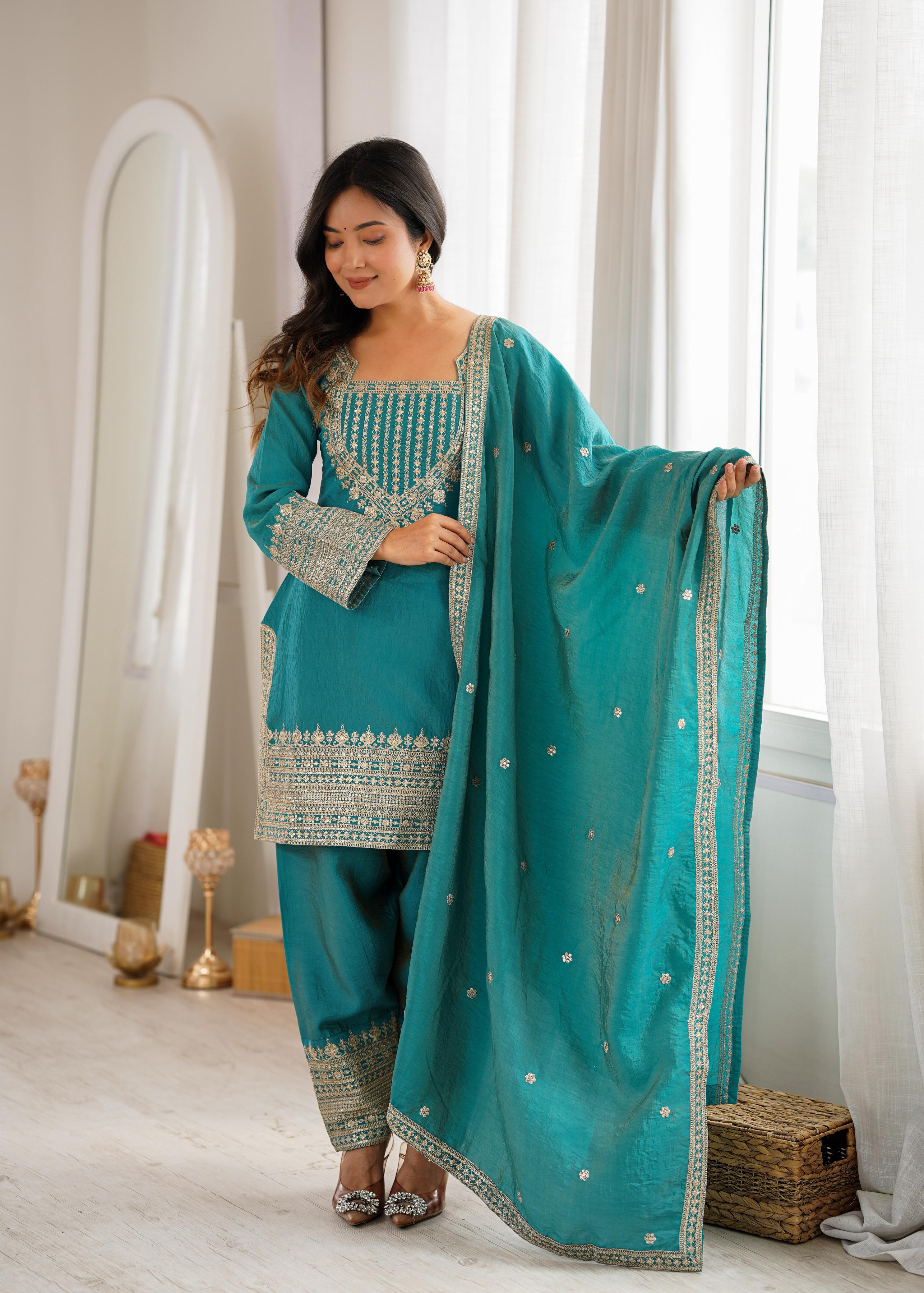 Sea Green Vichitra Silk Kurta Suit Set with Embroidery Design for Festive Occasion