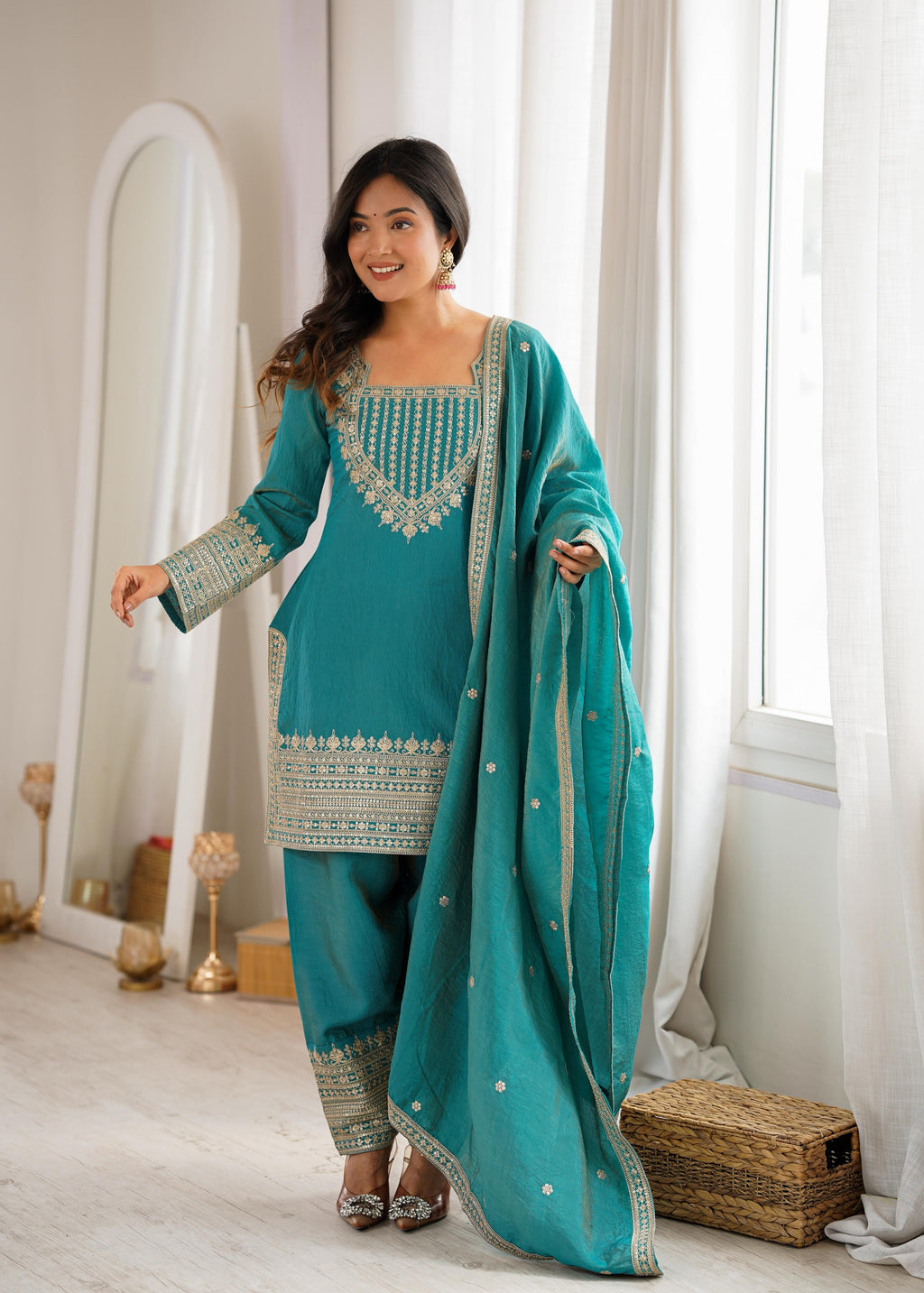 Sea Green Vichitra Silk Kurta Suit Set with Embroidery Design for Festive Occasion