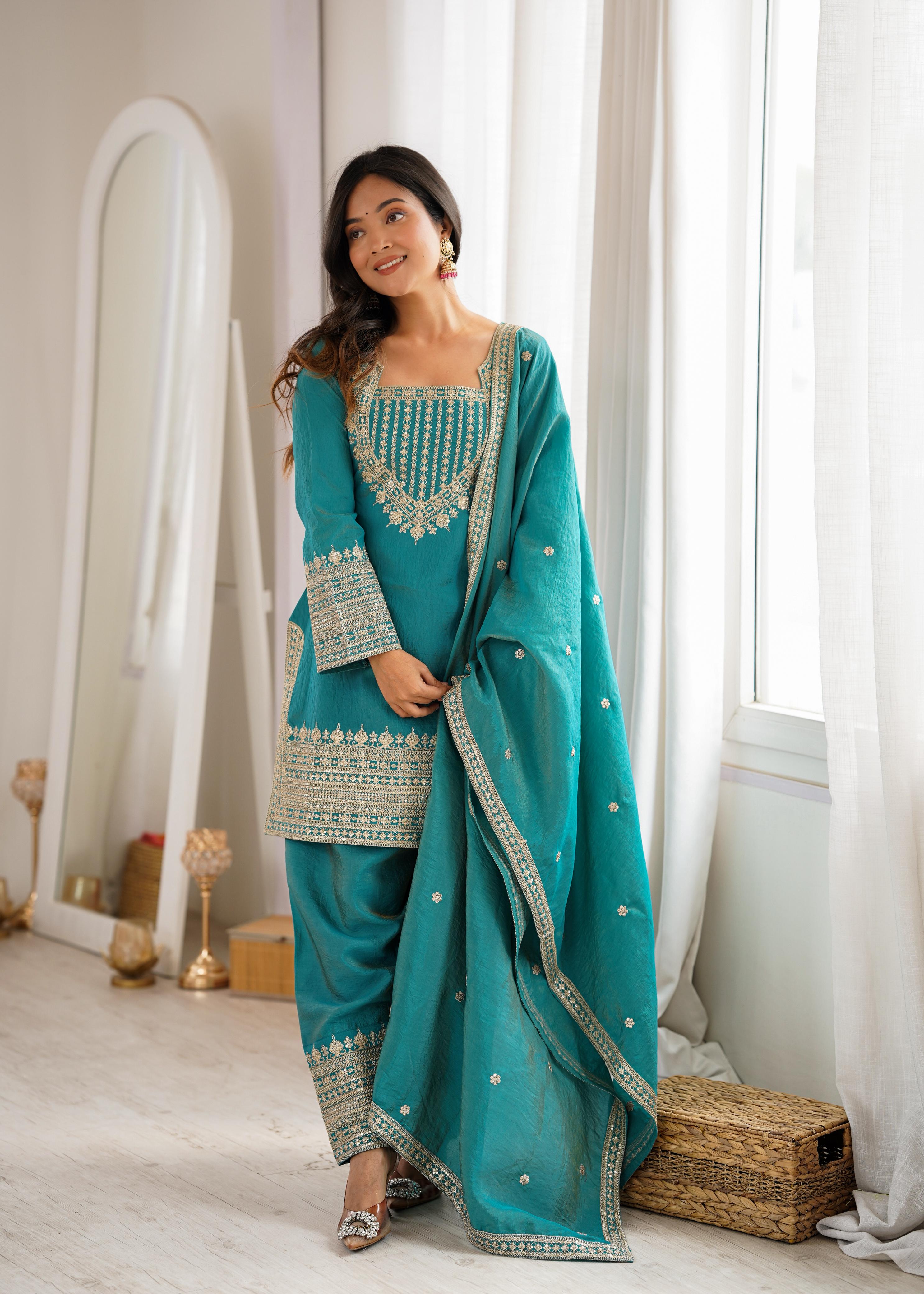 Sea Green Vichitra Silk Kurta Suit Set with Embroidery Design for Festive Occasion