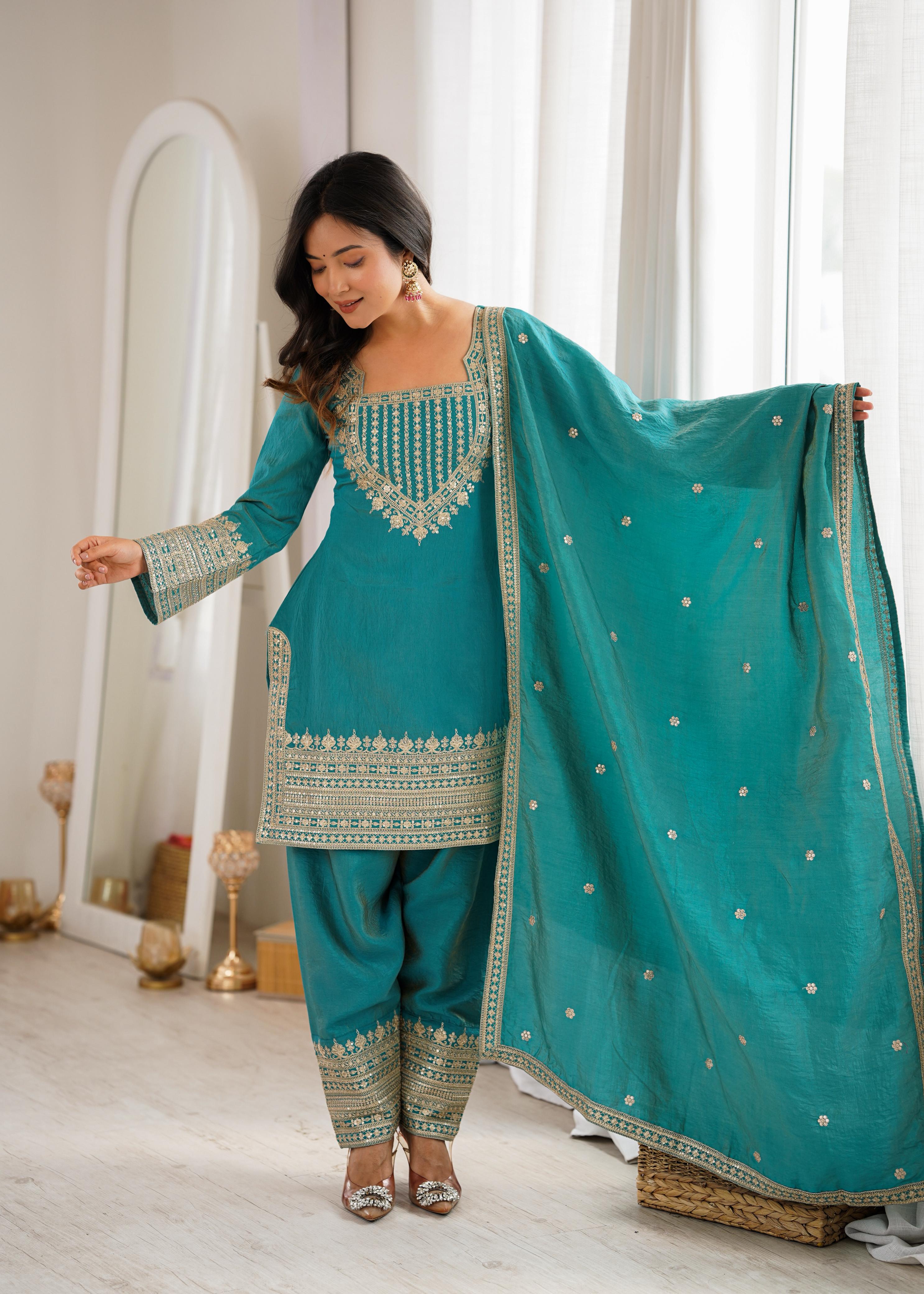 Sea Green Vichitra Silk Kurta Suit Set with Embroidery Design for Festive Occasion