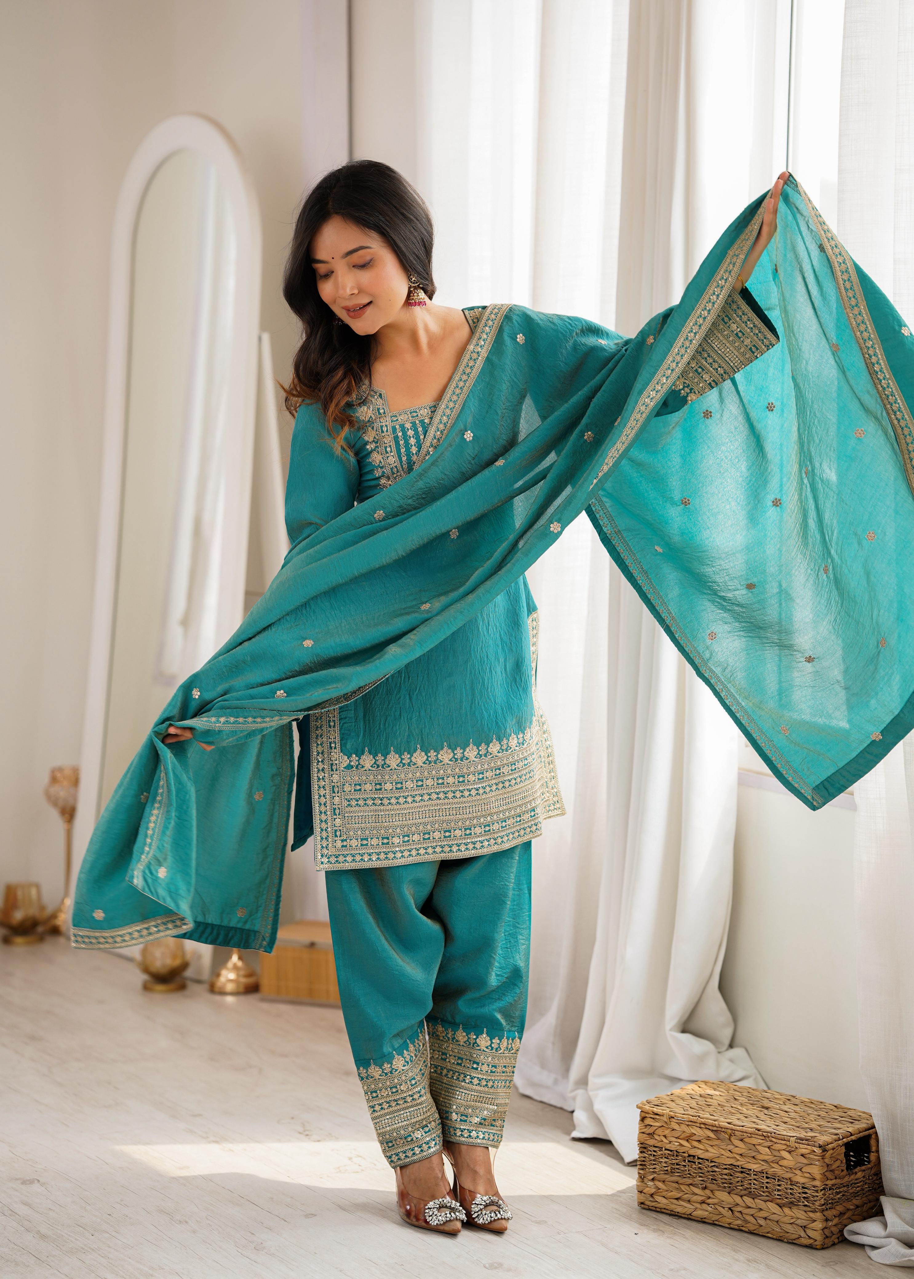 Sea Green Vichitra Silk Kurta Suit Set with Embroidery Design for Festive Occasion