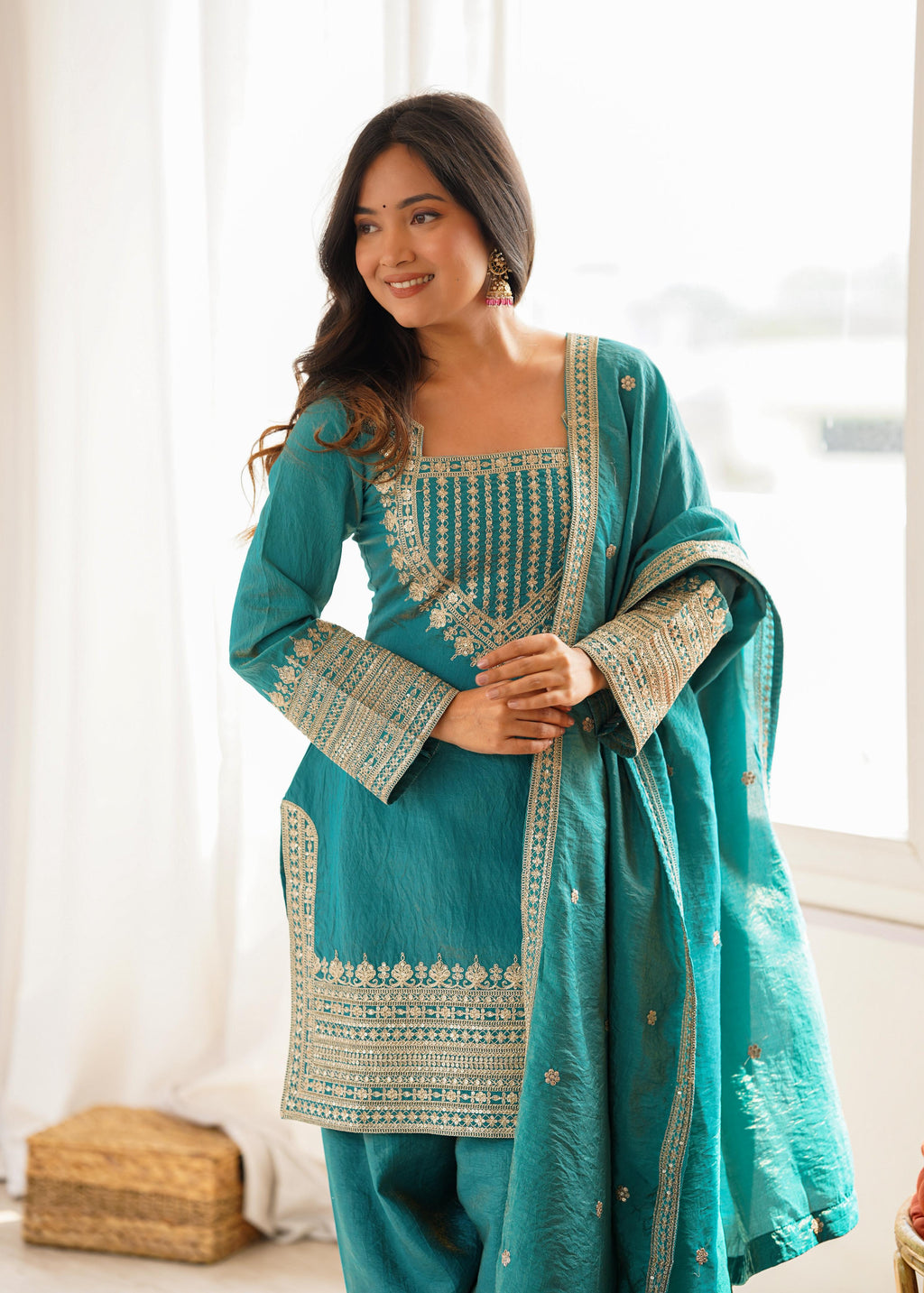 Sea Green Vichitra Silk Kurta Suit Set with Embroidery Design for Festive Occasion
