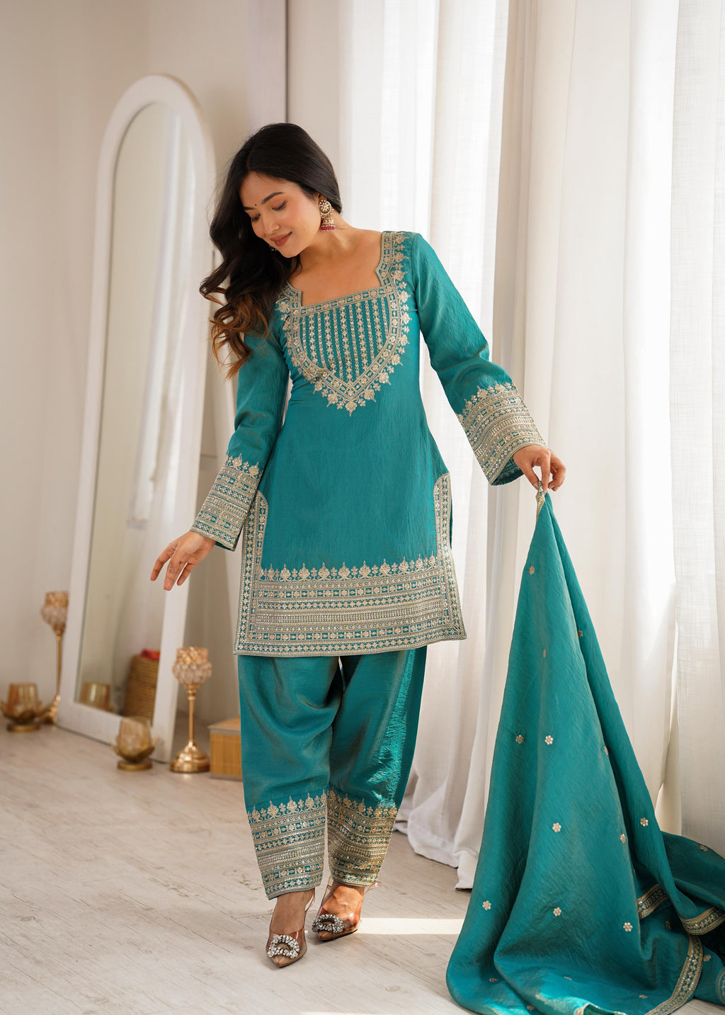 Sea Green Vichitra Silk Kurta Suit Set with Embroidery Design for Festive Occasion