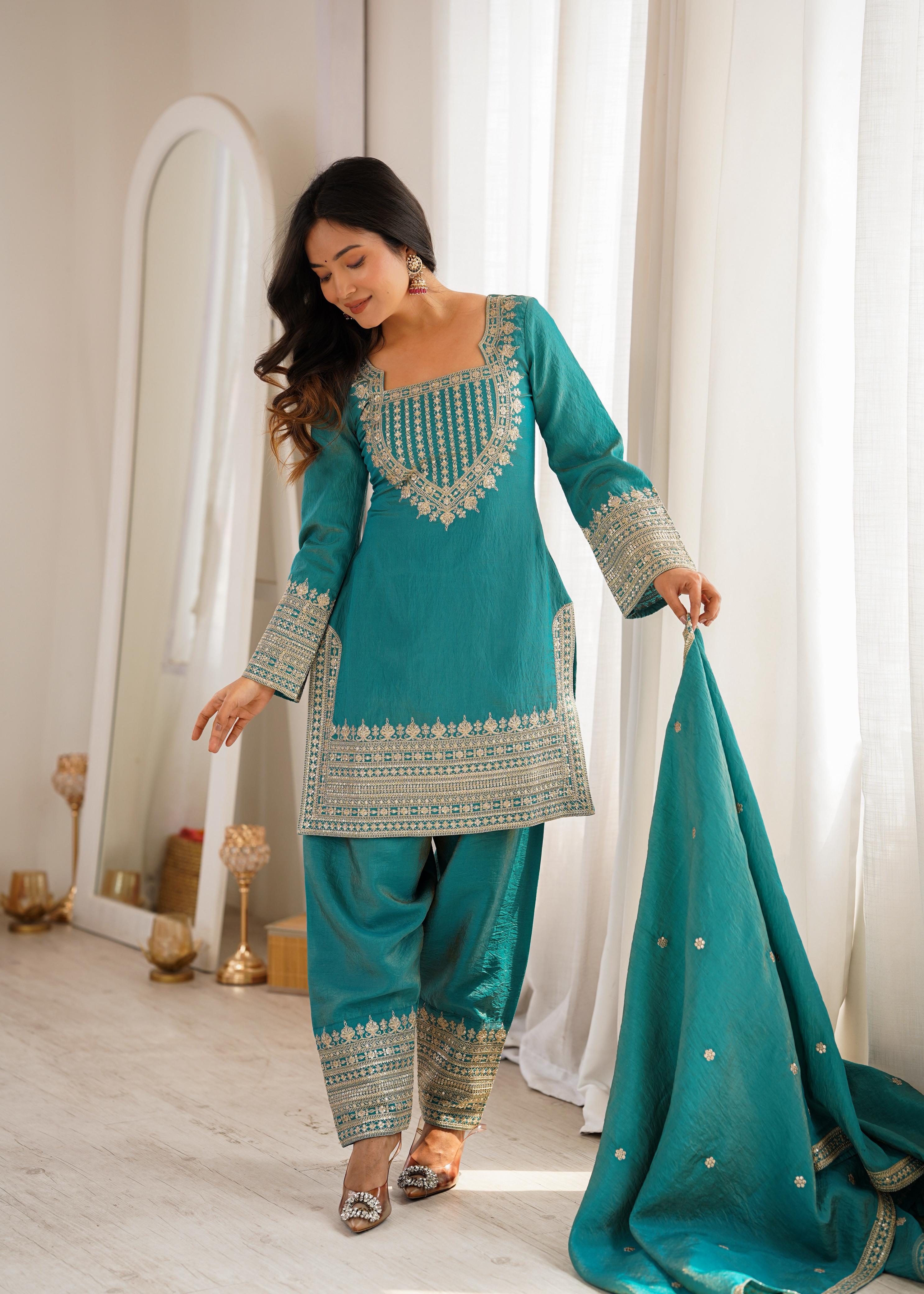 Sea Green Vichitra Silk Kurta Suit Set with Embroidery Design for Festive Occasion
