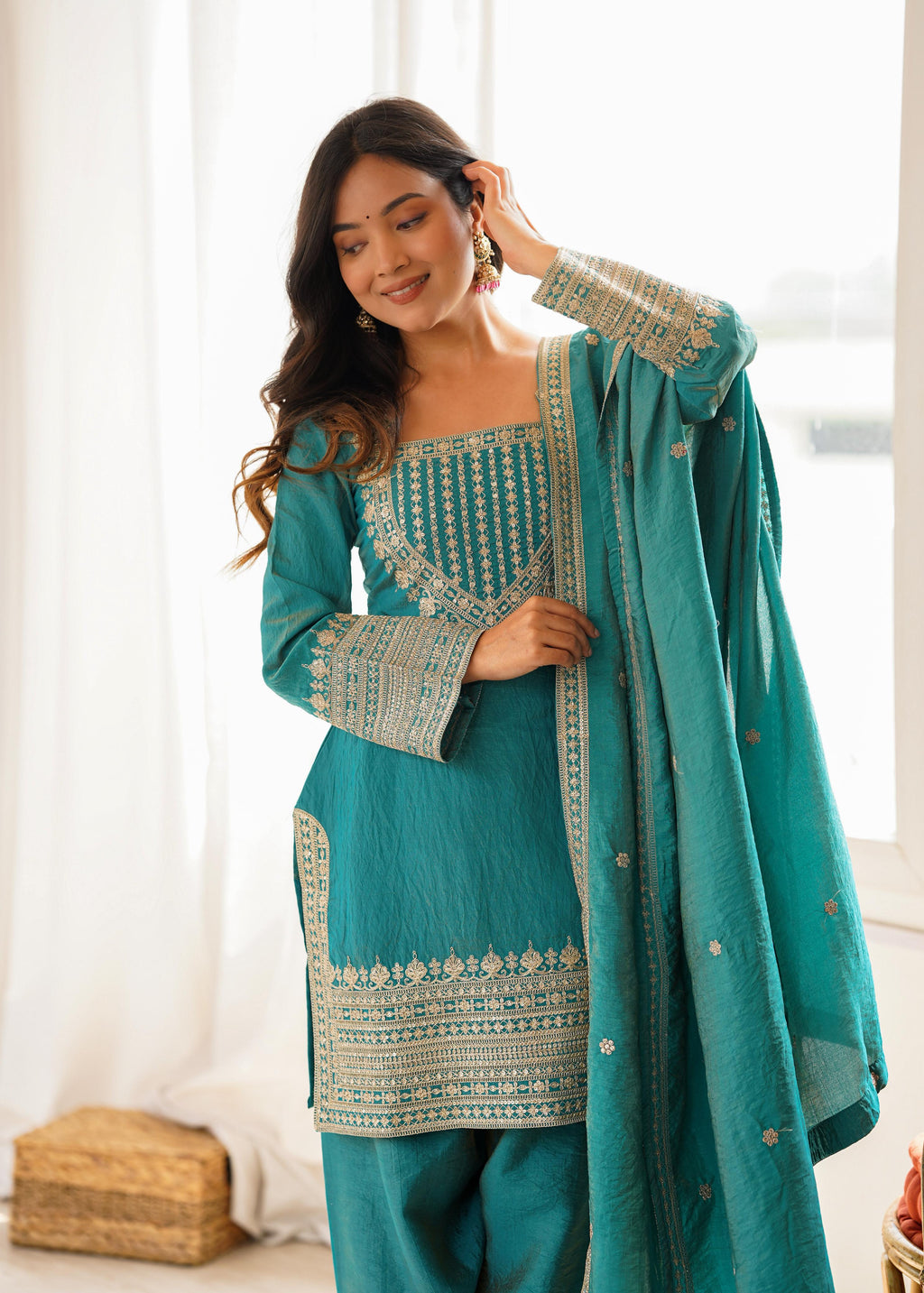 Sea Green Vichitra Silk Kurta Suit Set with Embroidery Design for Festive Occasion