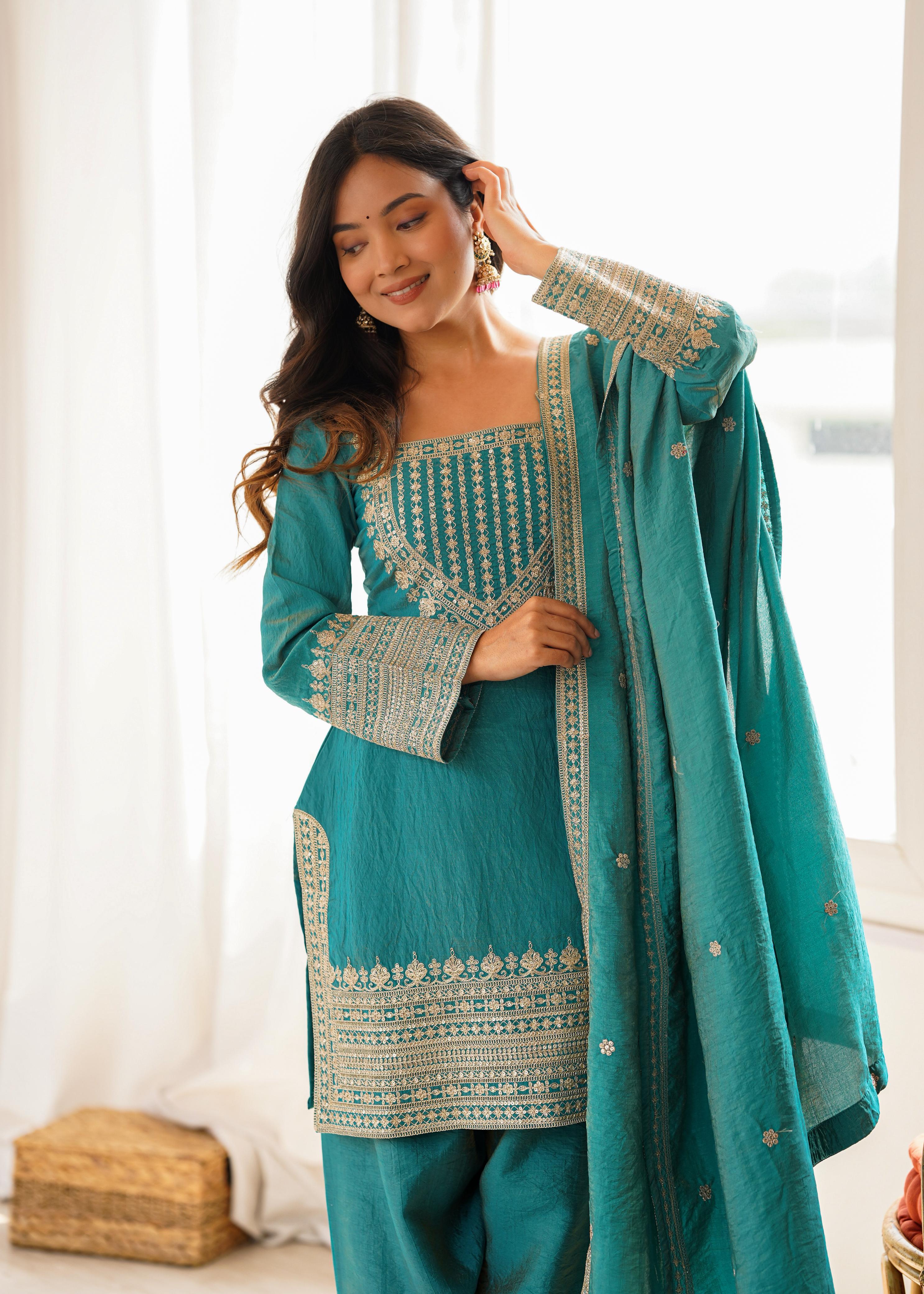 Sea Green Vichitra Silk Kurta Suit Set with Embroidery Design for Festive Occasion