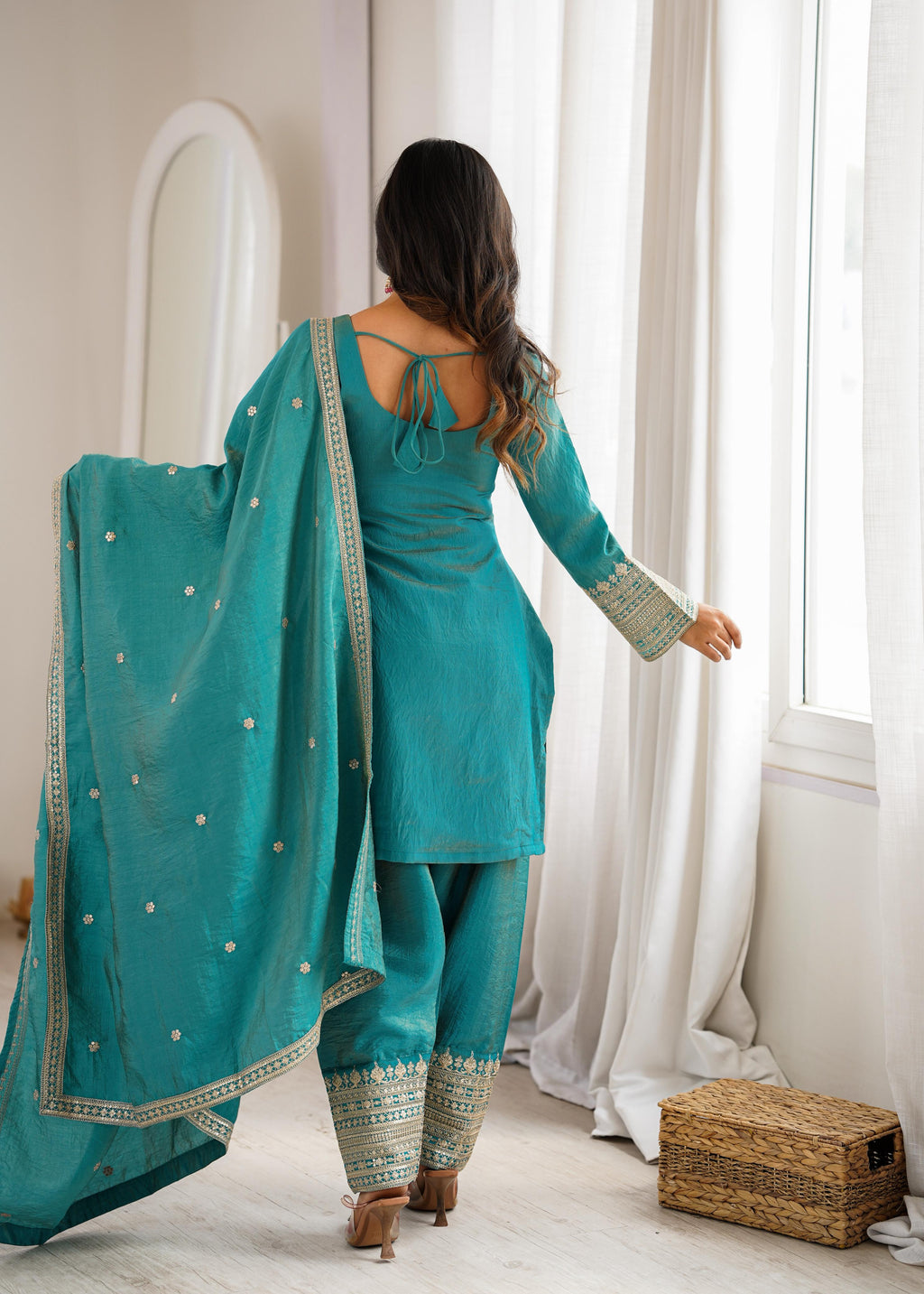 Sea Green Vichitra Silk Kurta Suit Set with Embroidery Design for Festive Occasion