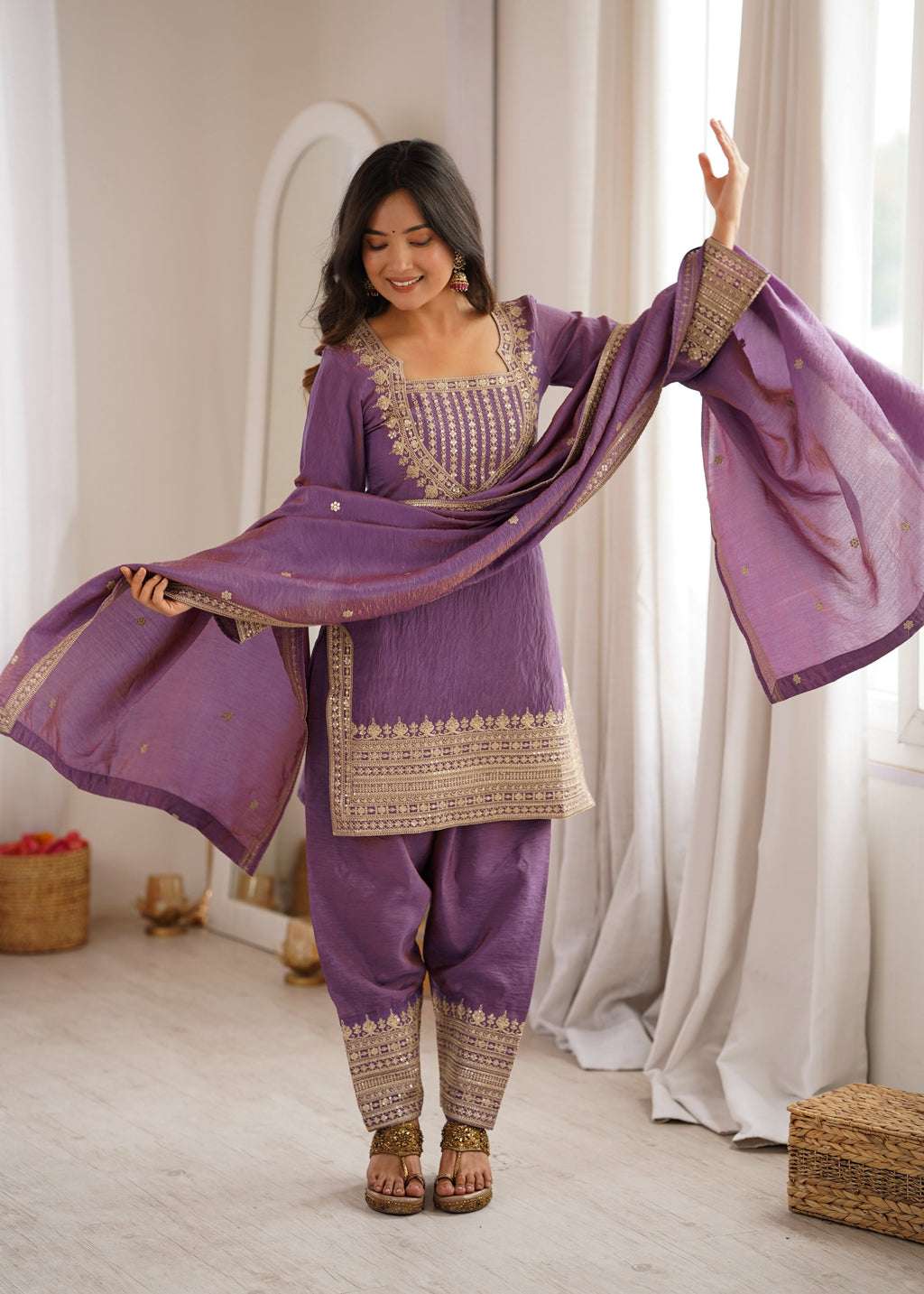 Pink Vichitra Silk Kurta Suit Set with Embroidery Design for Festive Occasion