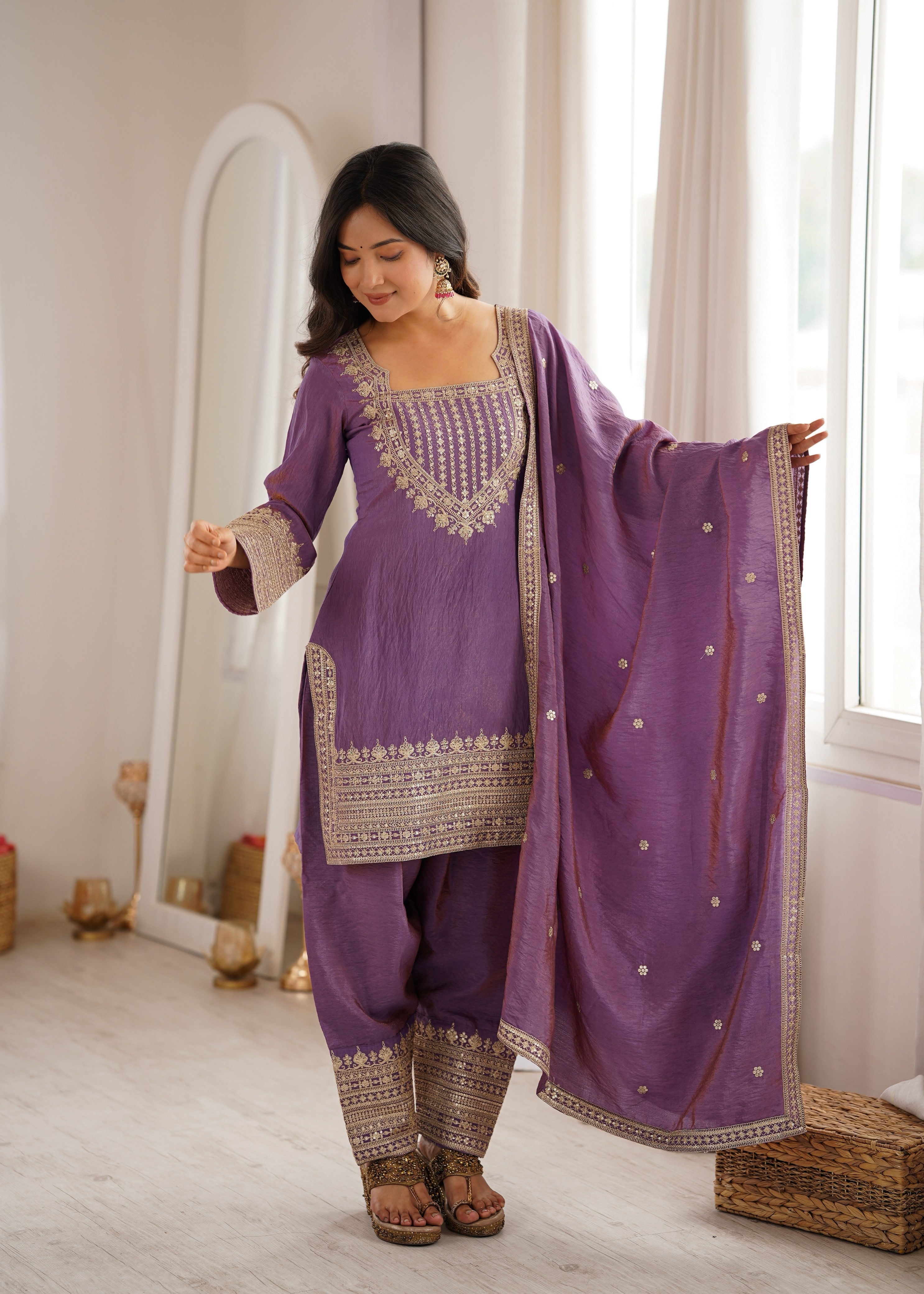 Pink Vichitra Silk Kurta Suit Set with Embroidery Design for Festive Occasion