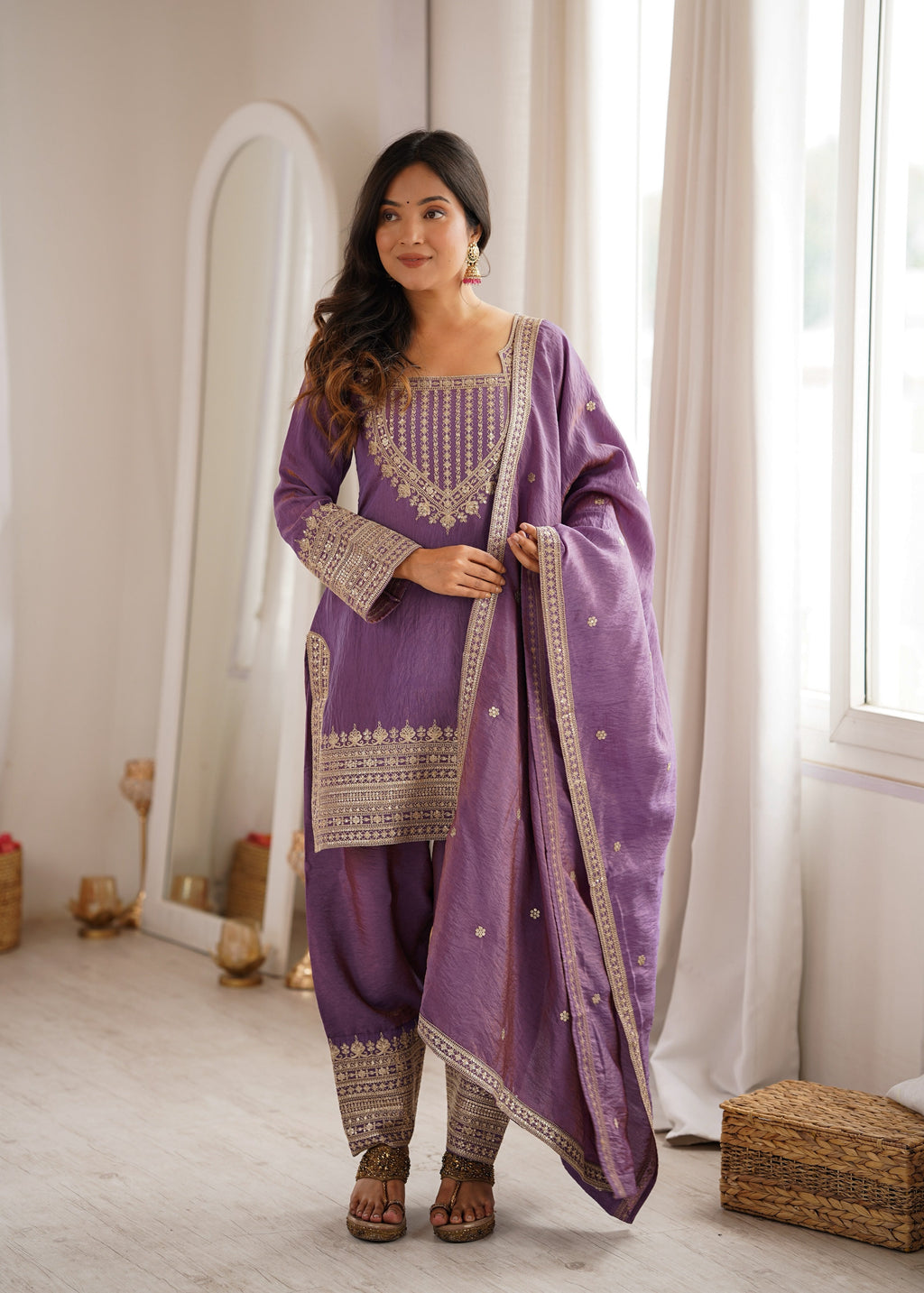 Pink Vichitra Silk Kurta Suit Set with Embroidery Design for Festive Occasion