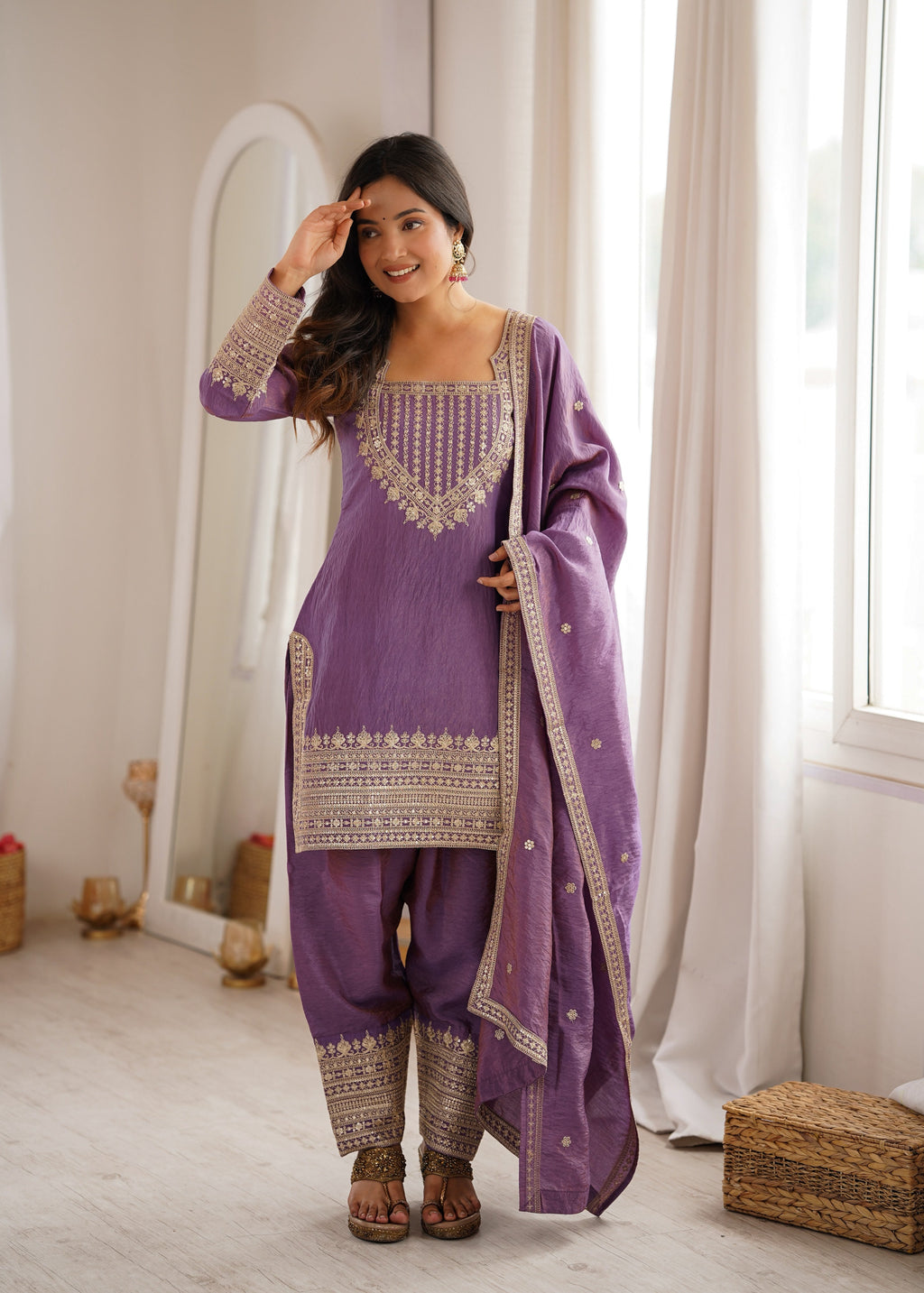 Pink Vichitra Silk Kurta Suit Set with Embroidery Design for Festive Occasion
