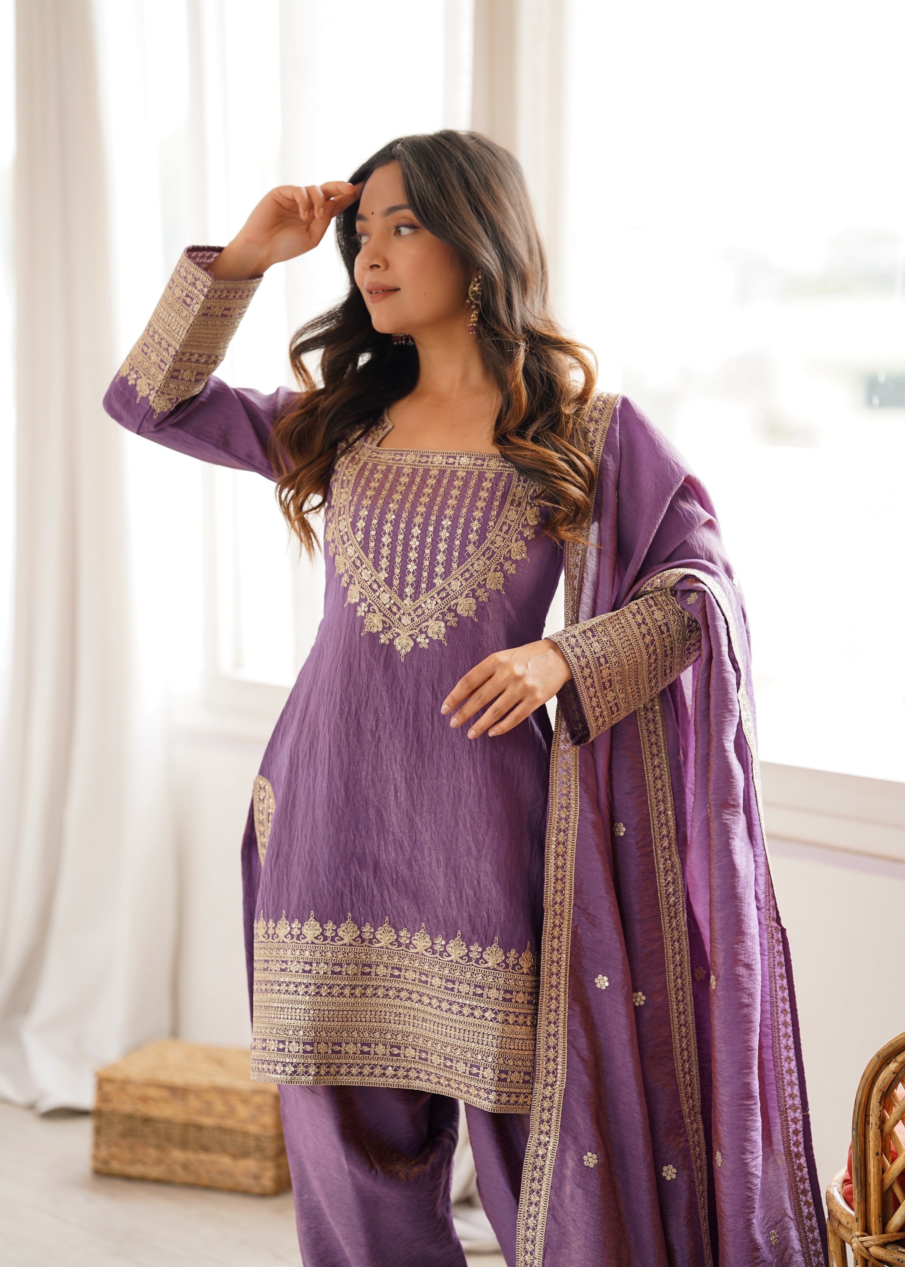 Pink Vichitra Silk Kurta Suit Set with Embroidery Design for Festive Occasion