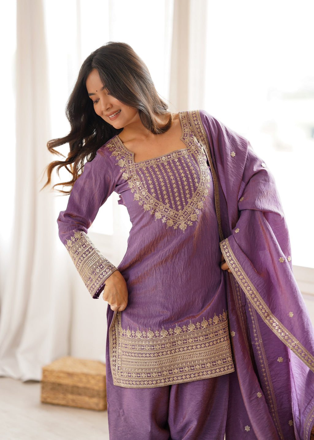 Pink Vichitra Silk Kurta Suit Set with Embroidery Design for Festive Occasion