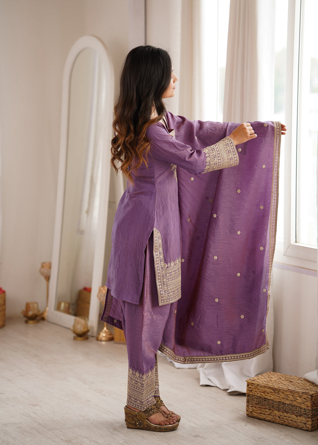 Pink Vichitra Silk Kurta Suit Set with Embroidery Design for Festive Occasion