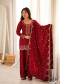Maroon Glass Roman Silk Kurta Suit Set With Embroidery Work