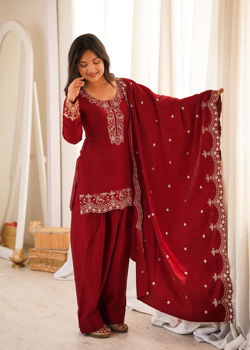 Maroon Glass Roman Silk Kurta Suit Set With Embroidery Work