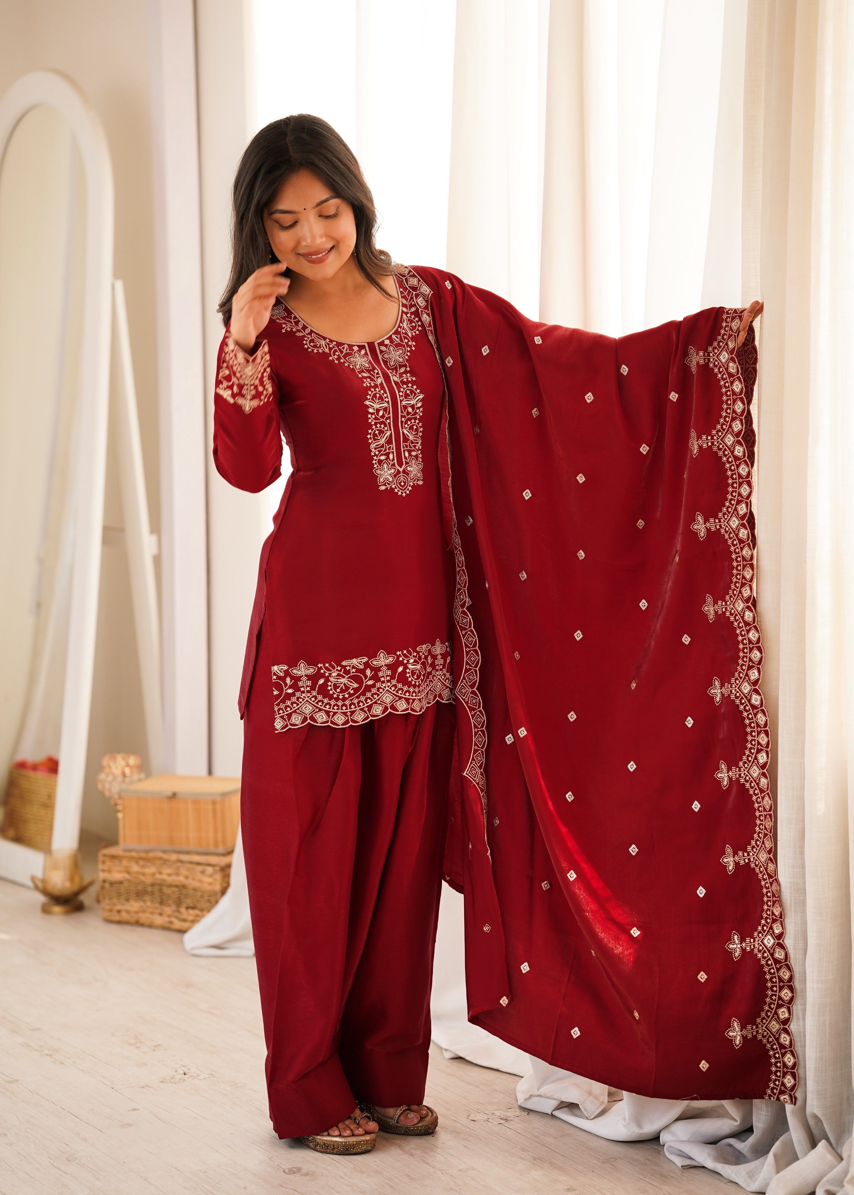 Maroon Glass Roman Silk Kurta Suit Set With Embroidery Work