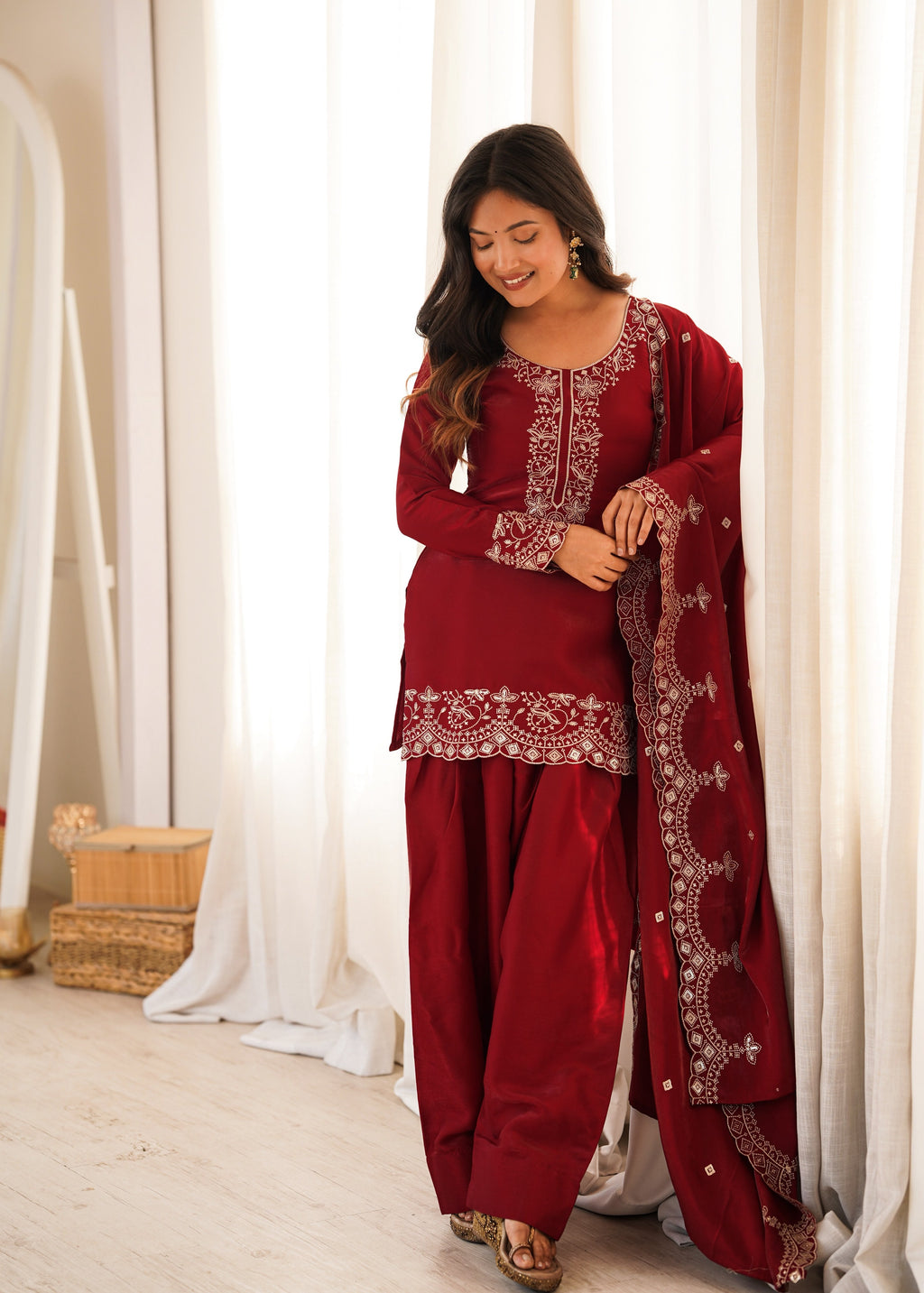 Maroon Glass Roman Silk Kurta Suit Set With Embroidery Work
