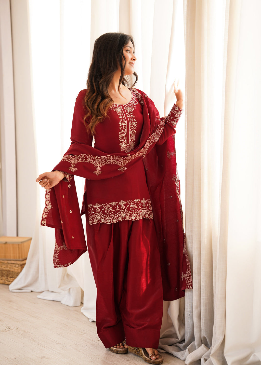 Maroon Glass Roman Silk Kurta Suit Set With Embroidery Work