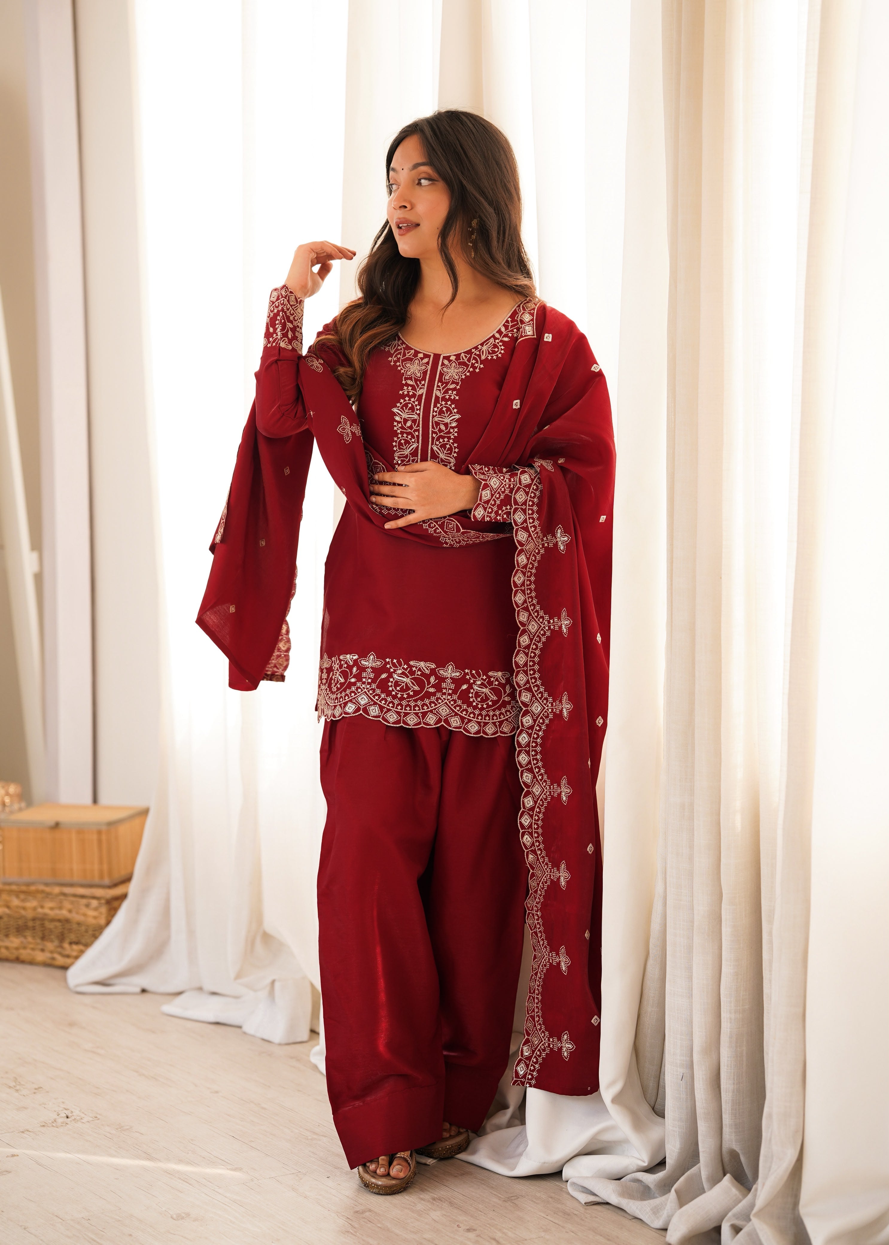 Maroon Glass Roman Silk Kurta Suit Set With Embroidery Work