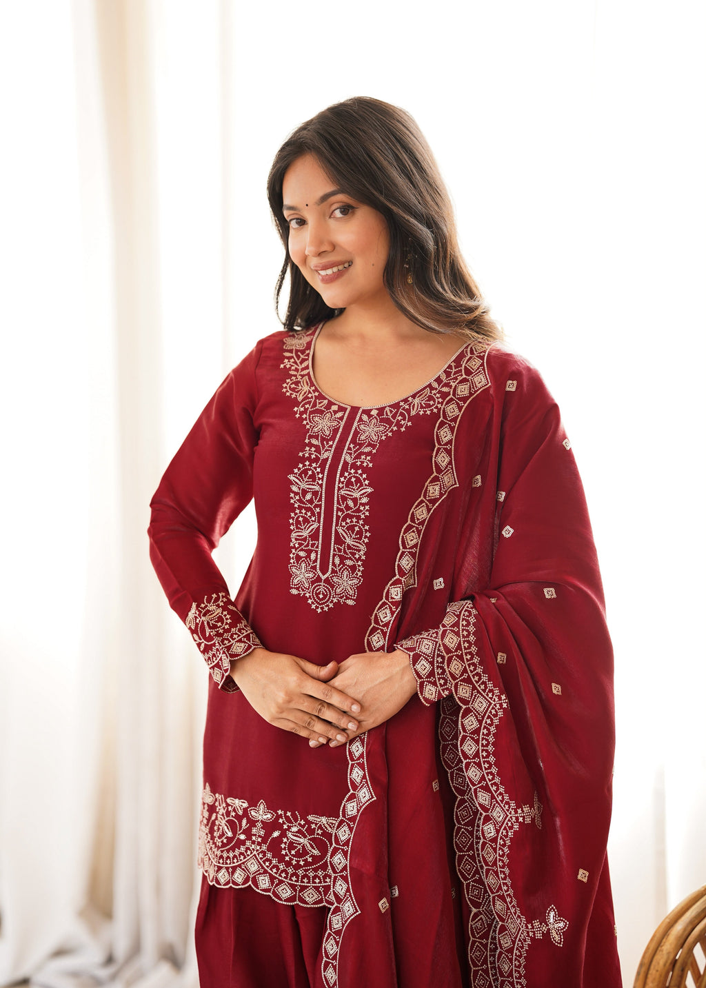 Maroon Glass Roman Silk Kurta Suit Set With Embroidery Work