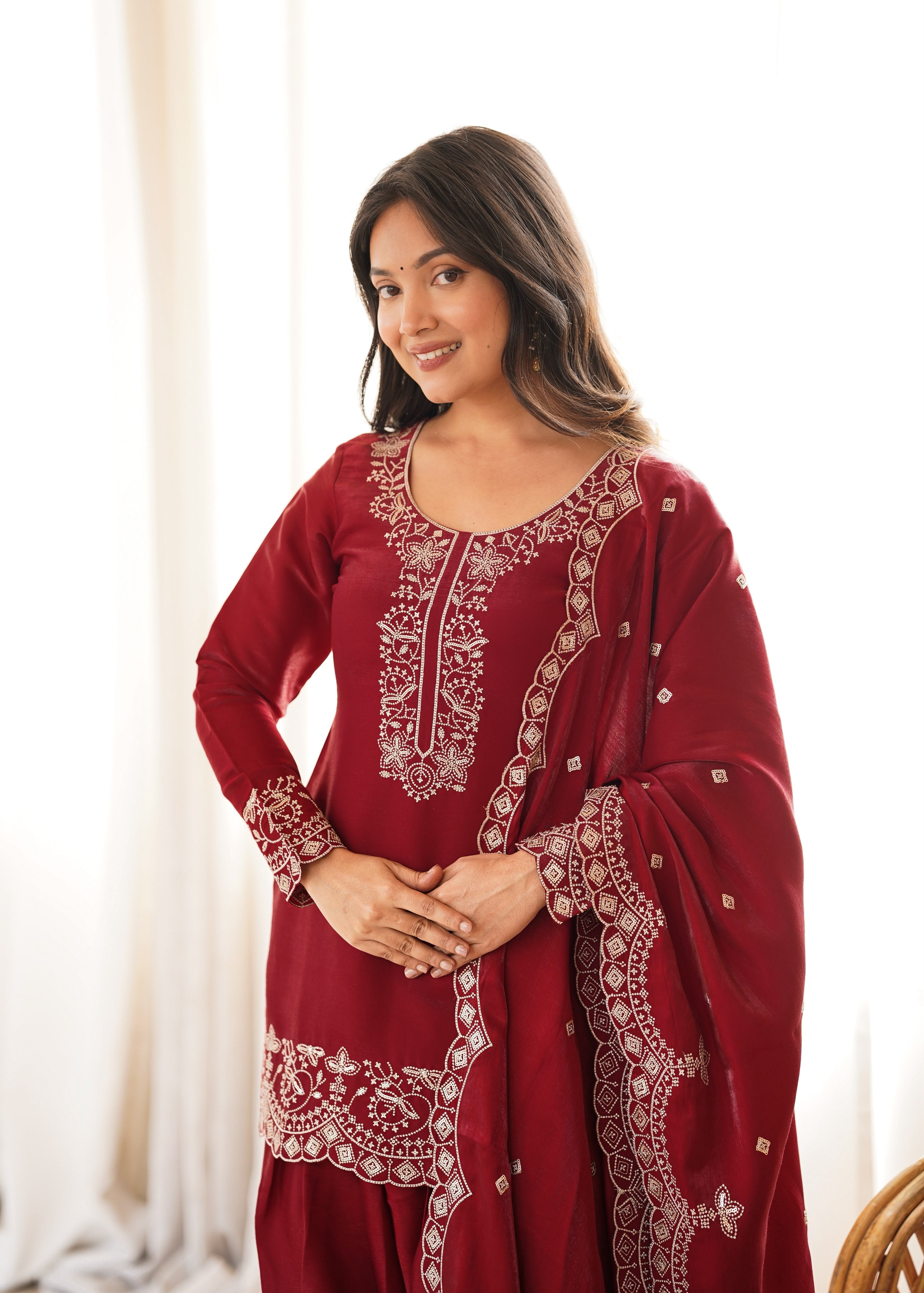 Maroon Glass Roman Silk Kurta Suit Set With Embroidery Work