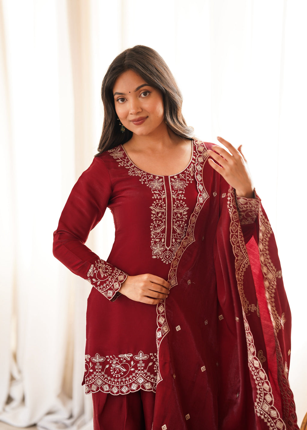 Maroon Glass Roman Silk Kurta Suit Set With Embroidery Work