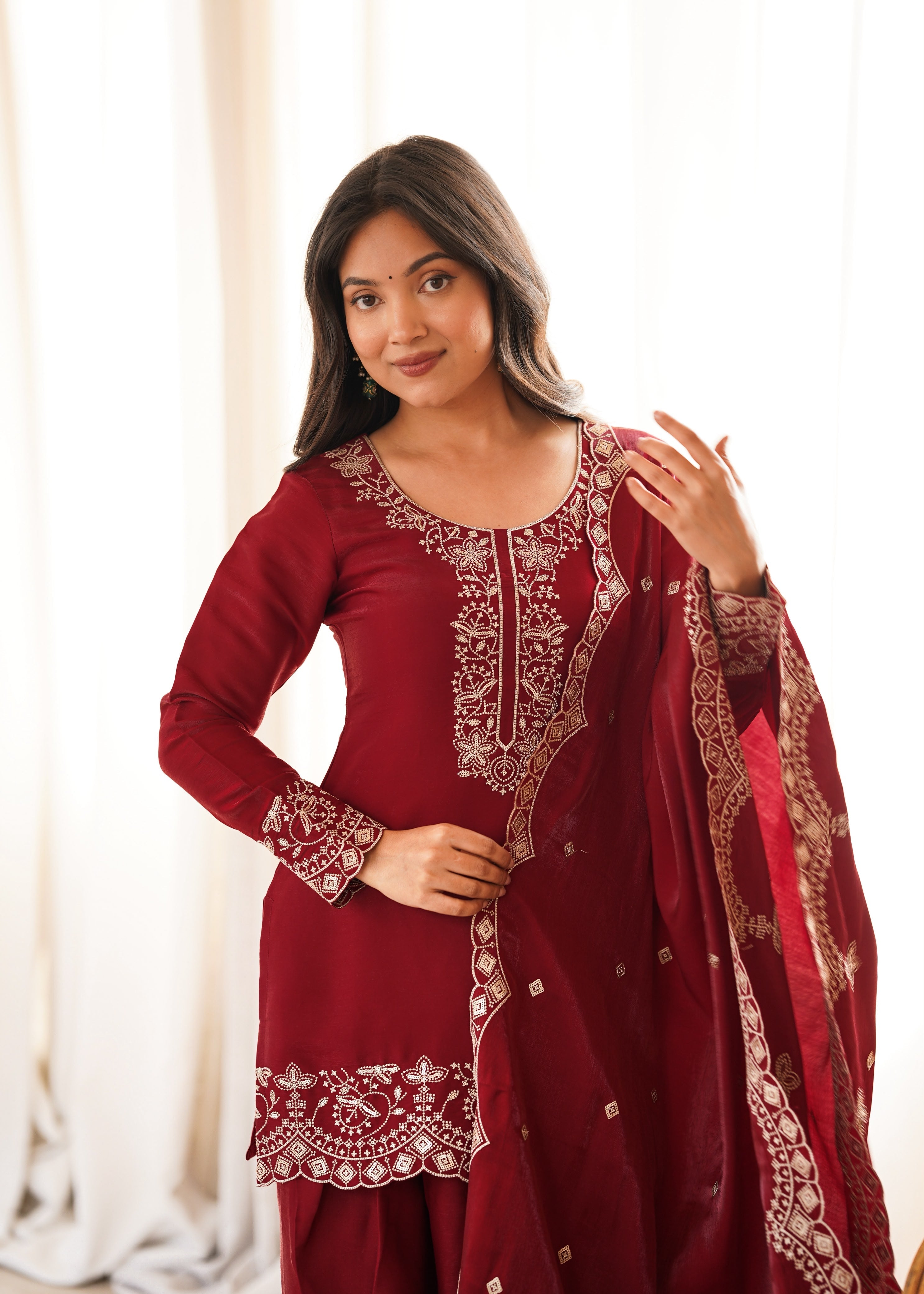 Maroon Glass Roman Silk Kurta Suit Set With Embroidery Work