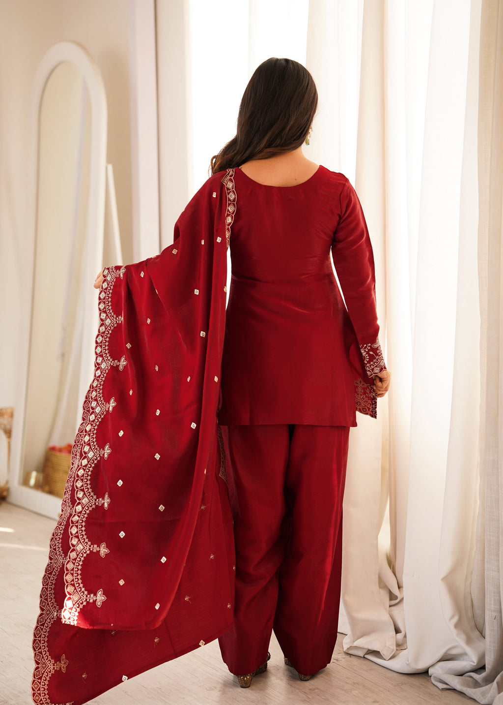 Maroon Glass Roman Silk Kurta Suit Set With Embroidery Work