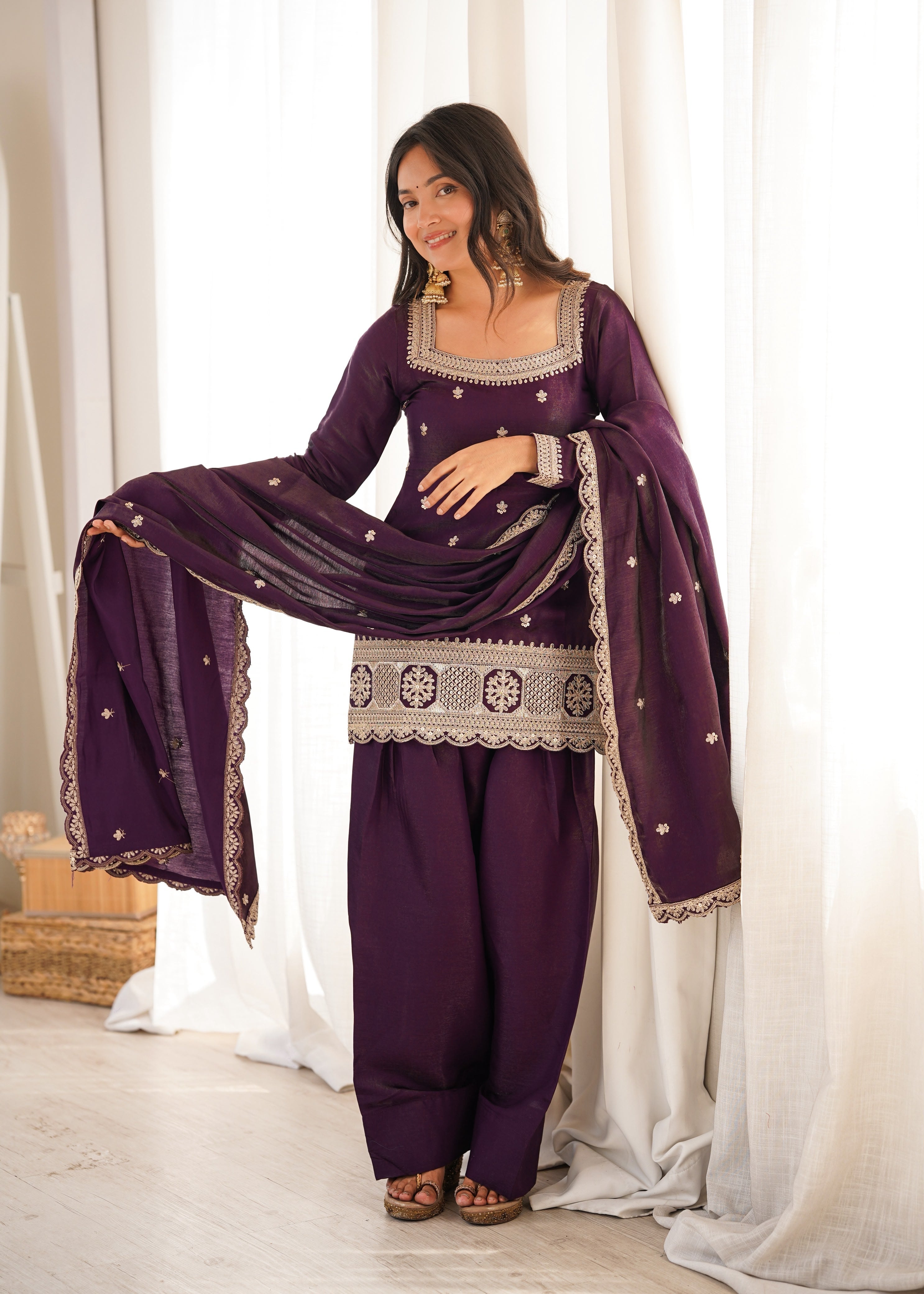 Wine Glass Roman Silk Kurta Suit Set With Embroidery Work