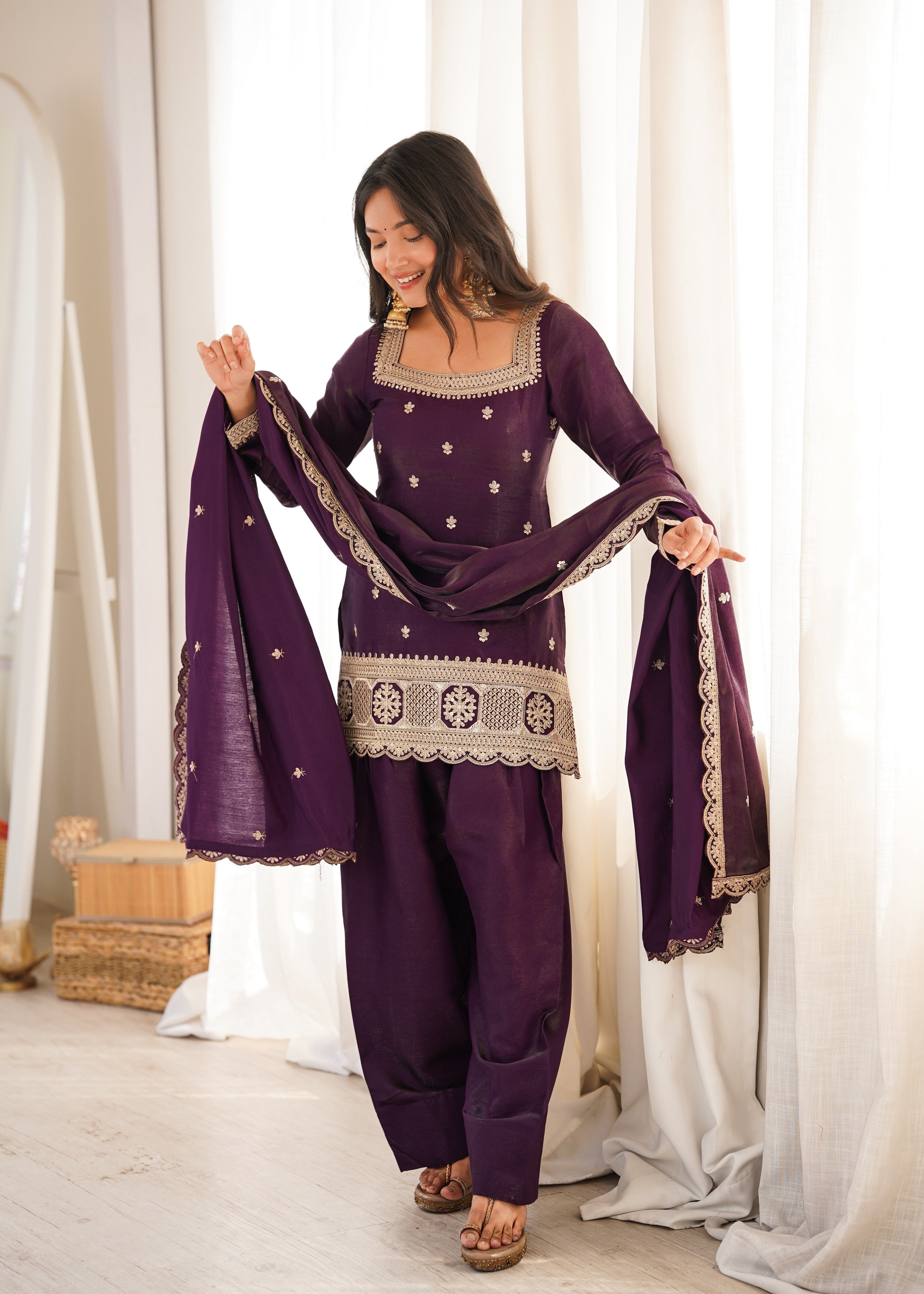 Wine Glass Roman Silk Kurta Suit Set With Embroidery Work