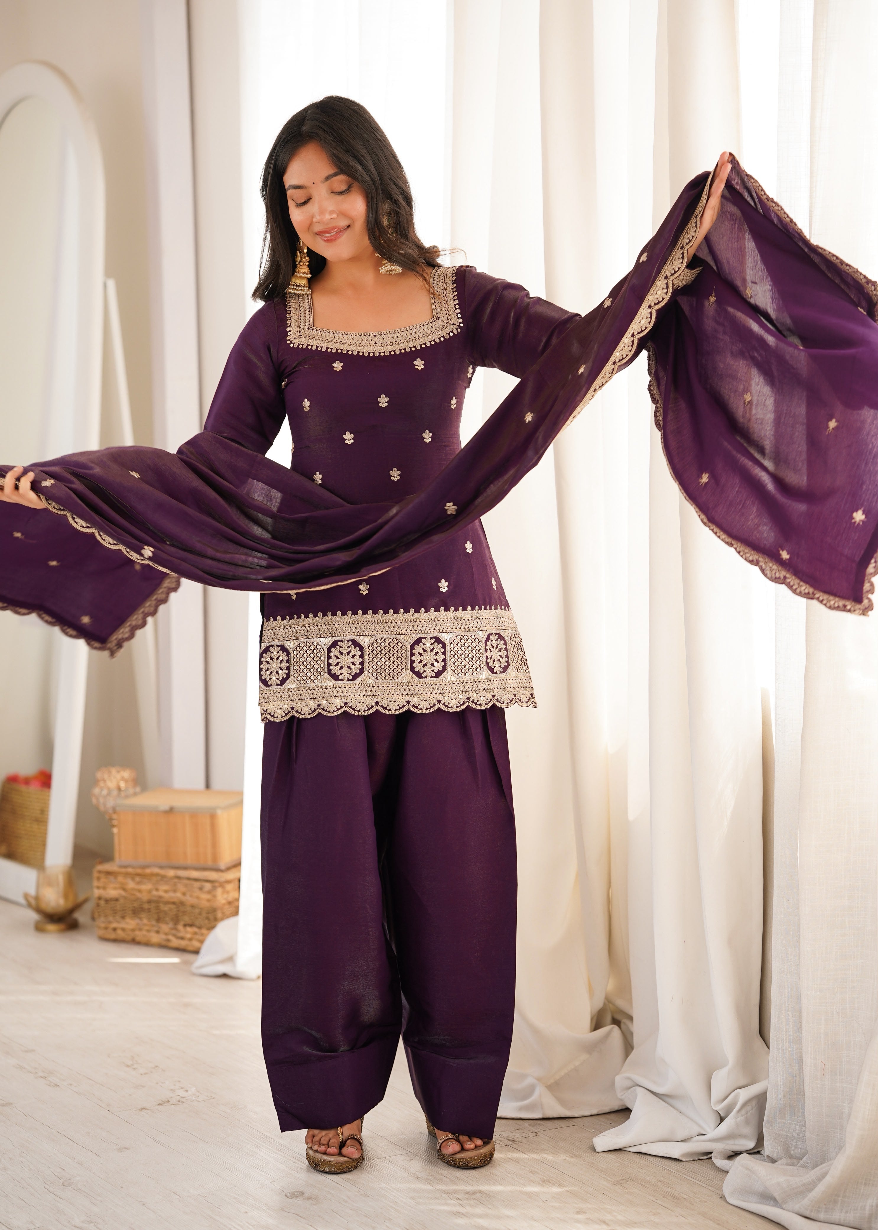 Wine Glass Roman Silk Kurta Suit Set With Embroidery Work