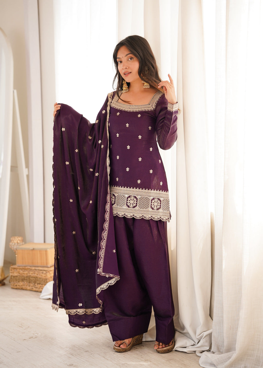 Wine Glass Roman Silk Kurta Suit Set With Embroidery Work
